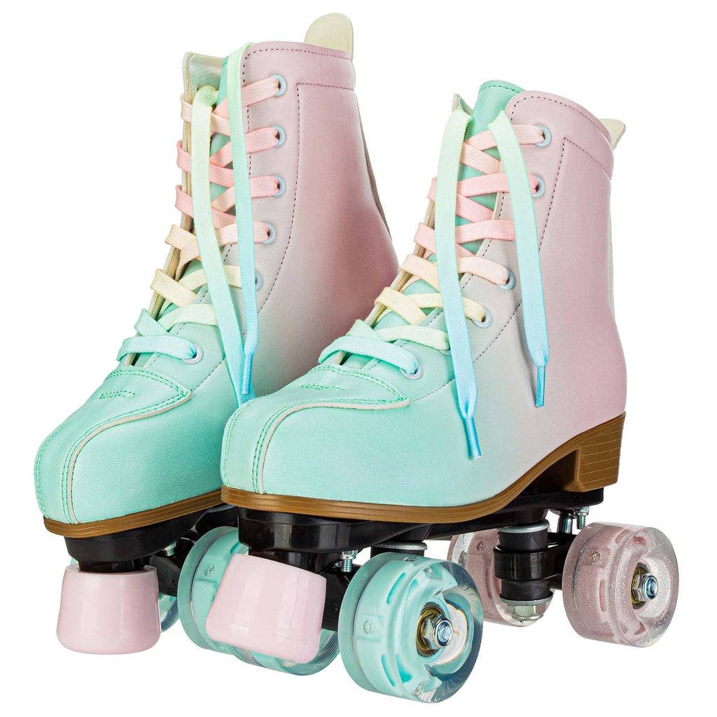 YYW Roller Skates for Girls and Women, Fantastic Gradient Pink and Green PU Leather Light Up Kids Youth Roller Skates, Indoor Outdoor