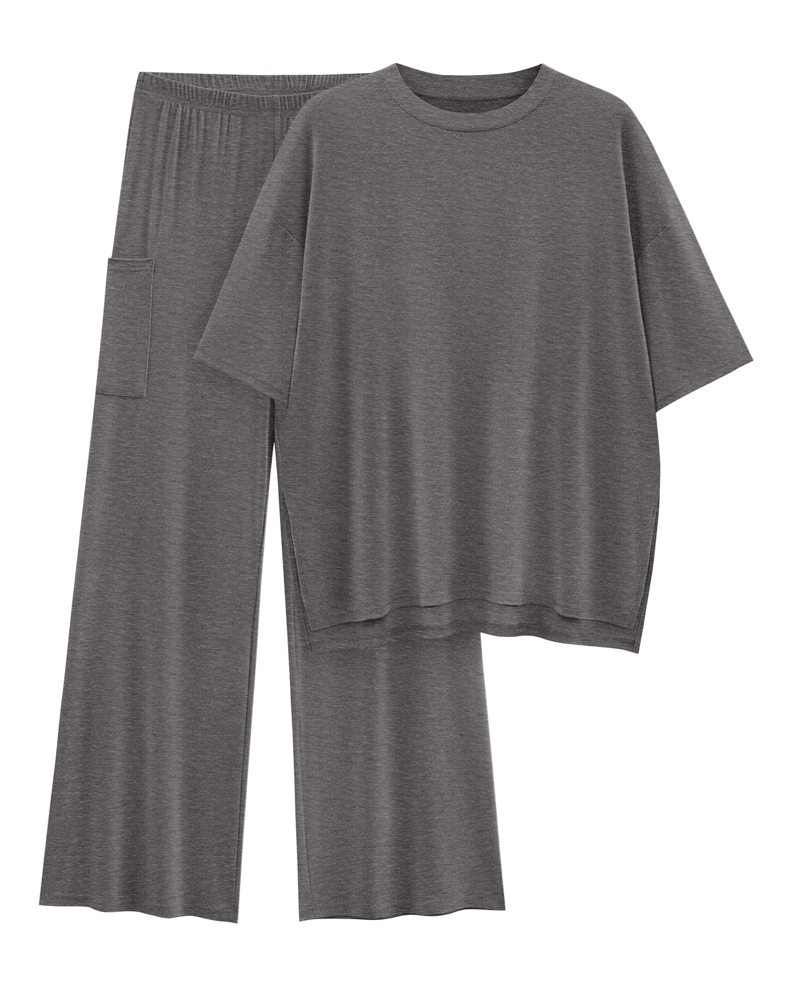 KIRUNDO 2 Piece Lounge Sets for Women Airport Travel Vacation Outfits Summer Casual Loose Short Sleeve Tops & Wide Leg Pants