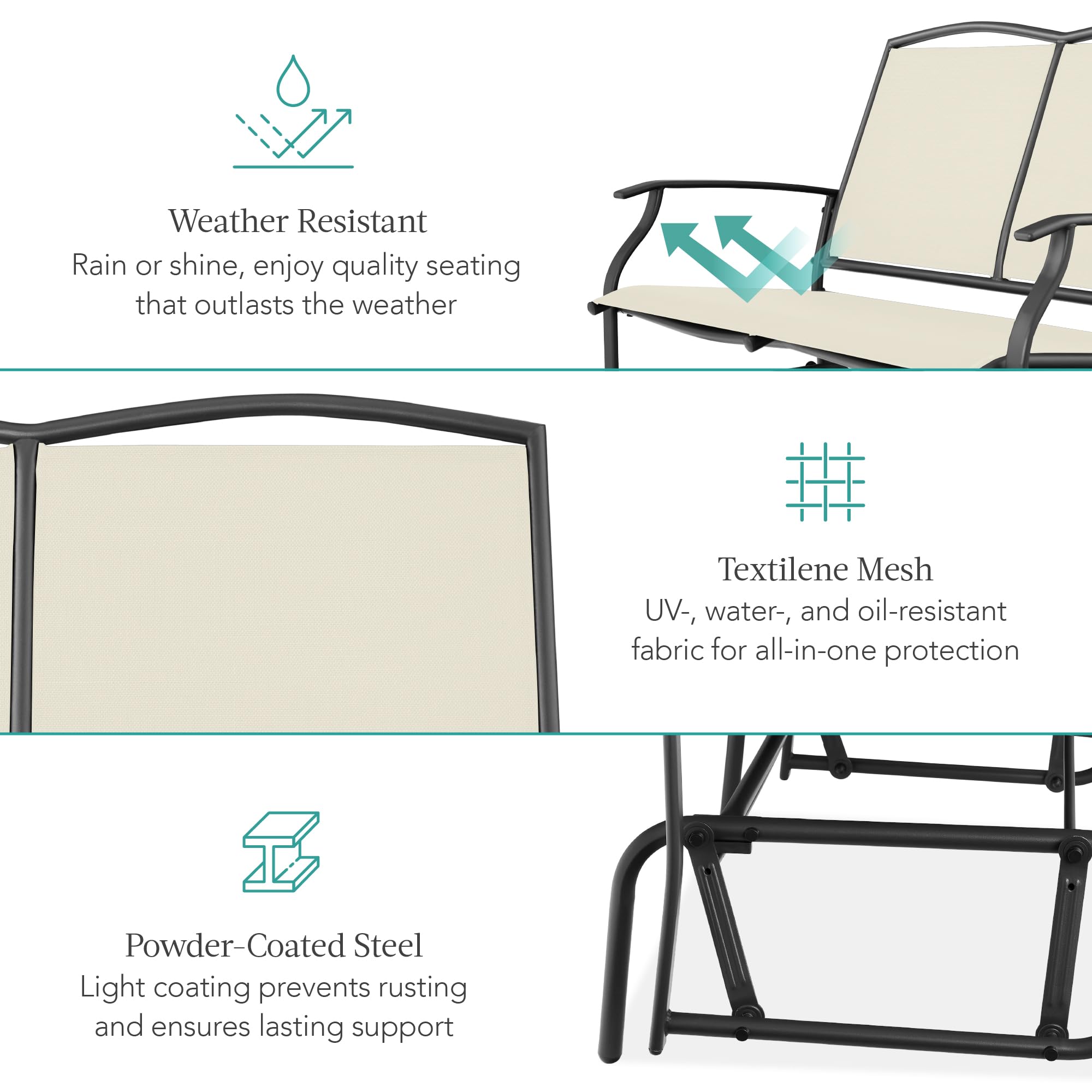 Best Choice Products 2-Person Outdoor Patio Swing Glider Steel Bench Loveseat Rocker for Deck, Porch w/Textilene Fabric, Steel Frame - Black