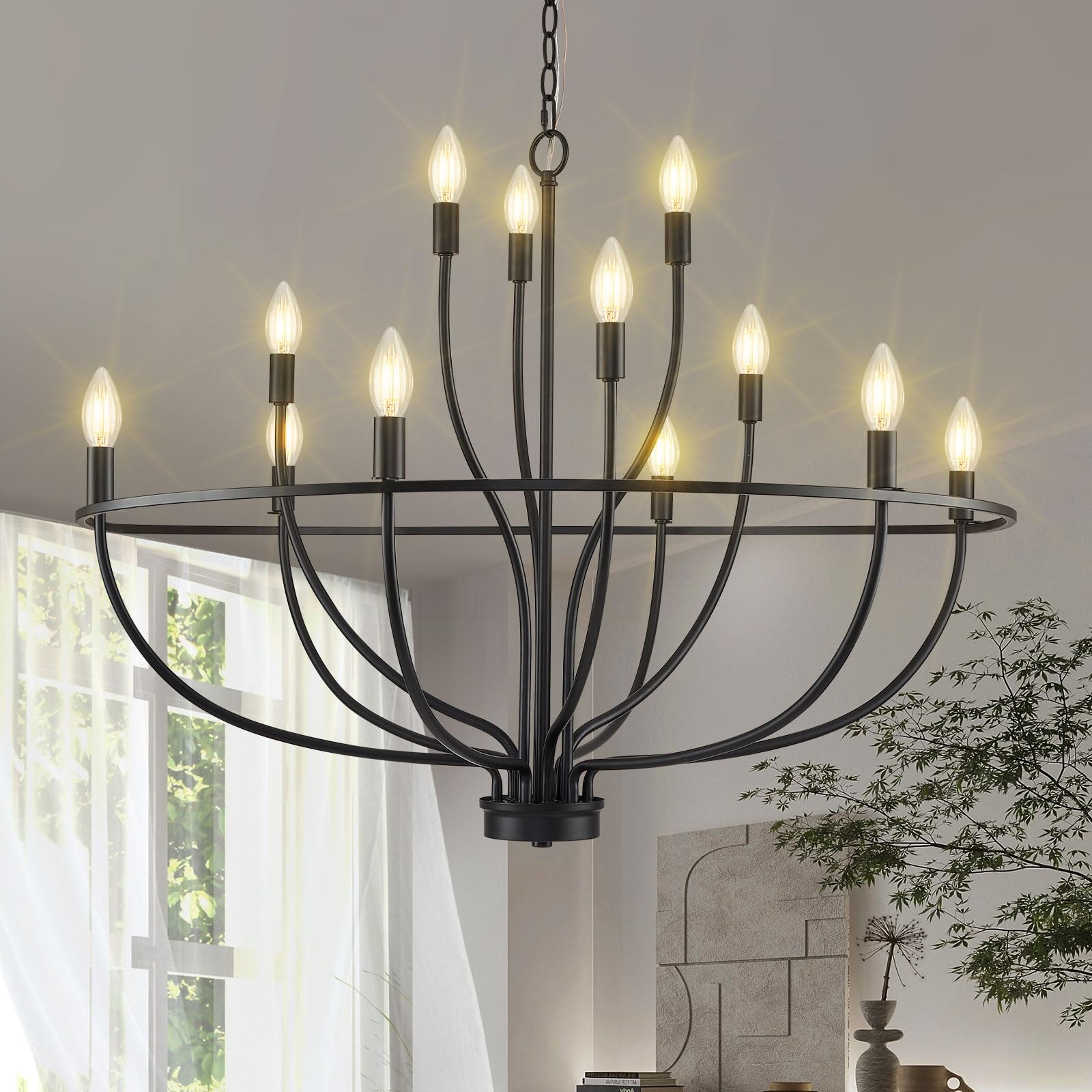 Black Chandelier 6-Light Dining Room Chandelier Kitchen Chandeliers Over Table Round Living Room Chandelier Light Fixture for Bedroom, Kitchen, Foyer