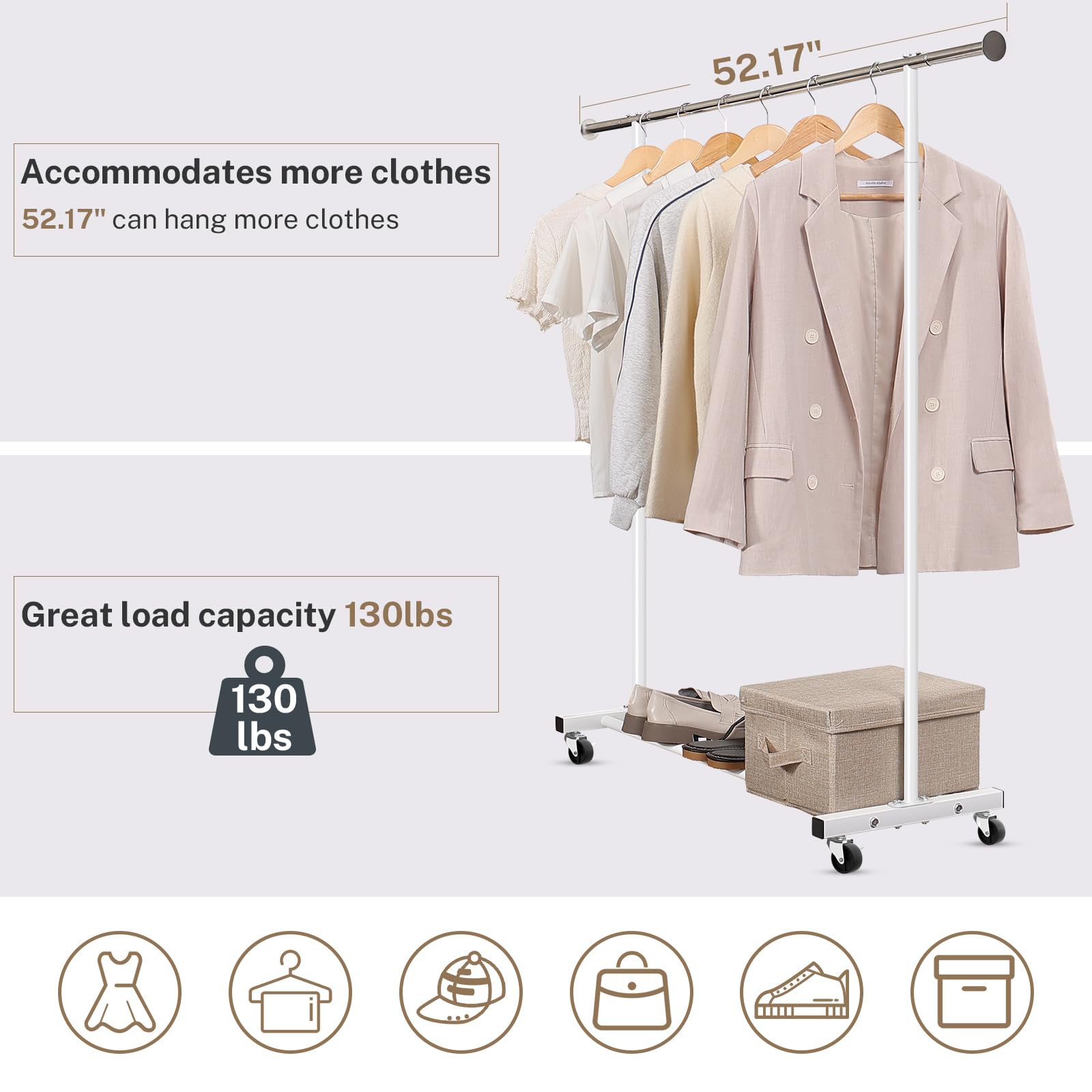 VICERII Clothing Rack, 55.51 Inch Heavy Duty Clothes Rack Rolling Garment Rack with Wheels and Bottom Shelf, 130LB Capacity Clothes Racks for Hanging Clothes, Coats, Shirts, Sweaters, Skirts, Black