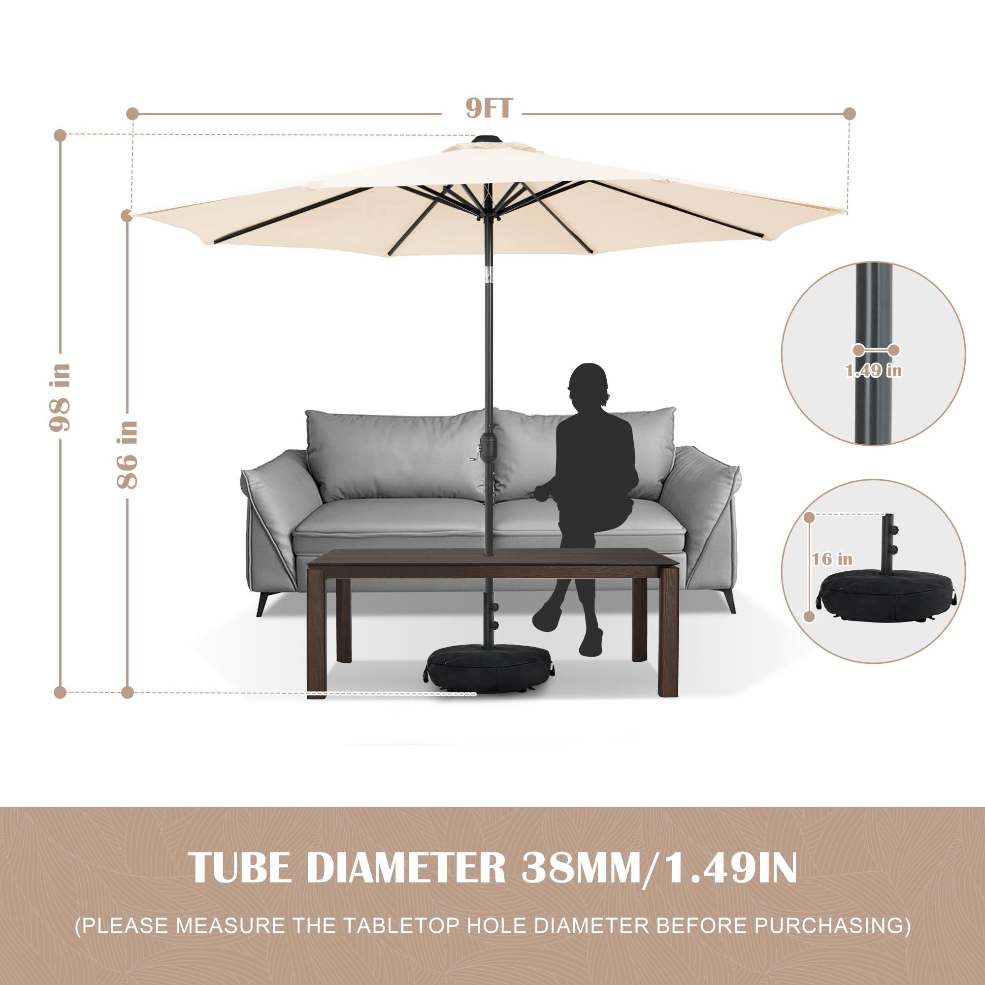 Sundale Outdoor 9FT Patio Umbrella with Sand Bag Umbrella Base, Outdoor Umbrella with Tilt and Crank, Beige