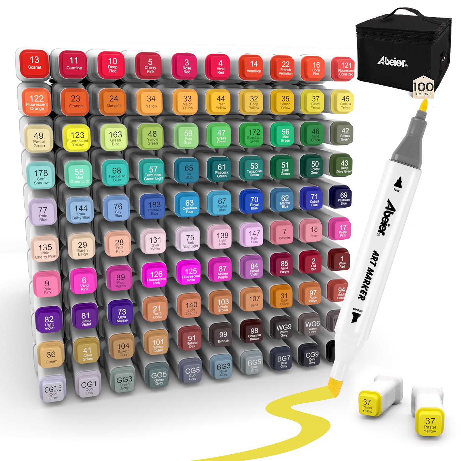 ABEIER Alcohol Markers, 100 Colors Dual Tip - Chisel& Fine, Coloring Markers Perfect for Adults, Ideal For Book Drawing Sketching Painting, Card Making
