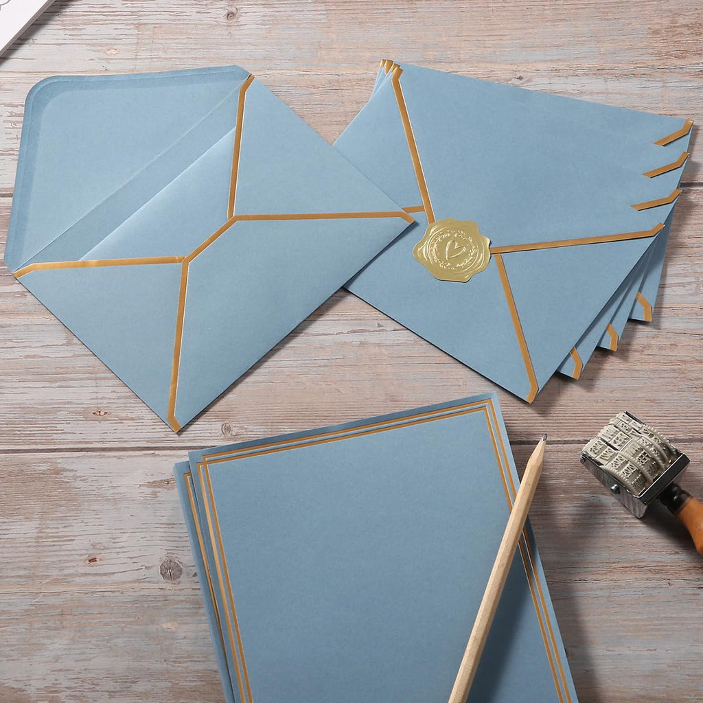 50 Pack Stationery Set with Envelopes, Cream Color, 8.5x11 Inches | Gold Border, #10 Business Envelopes and 8.5x11 Paper Sheets, Stickers for Letter Writing, Invitations