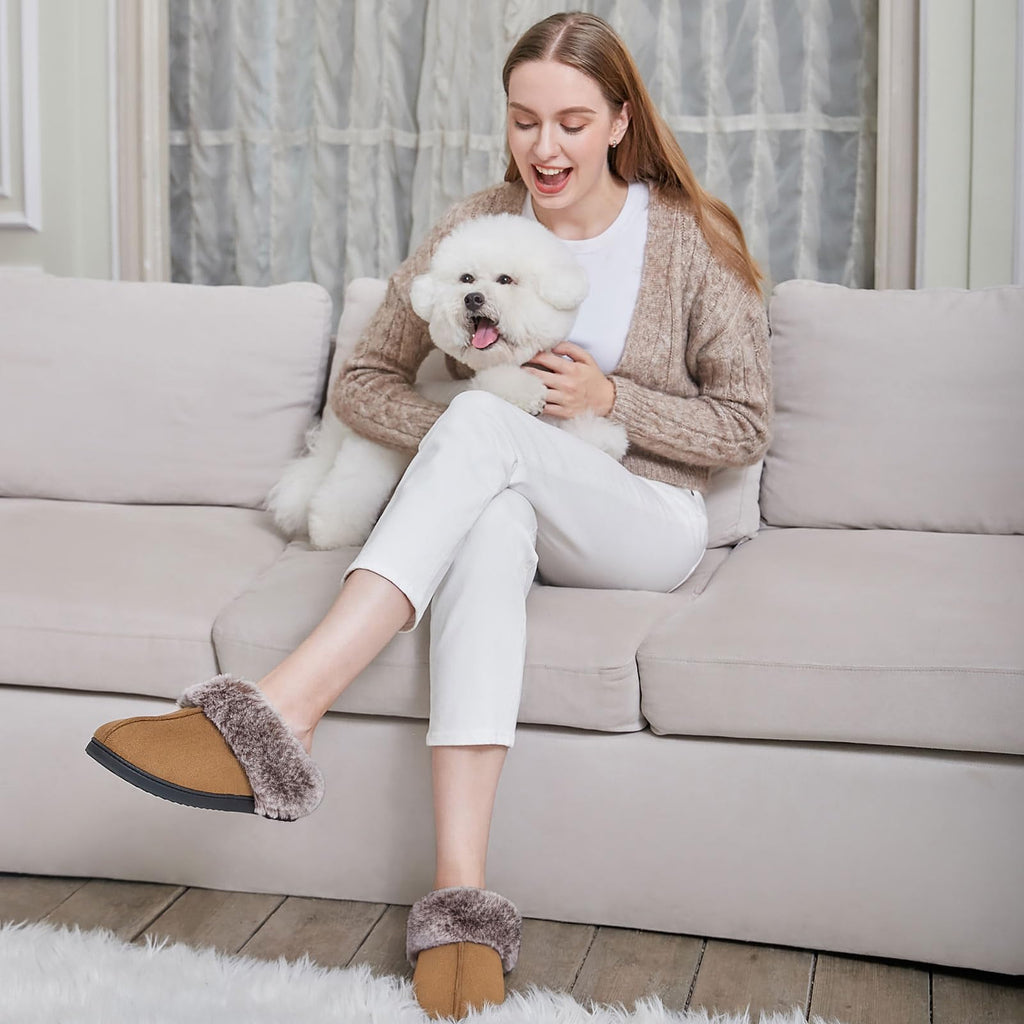 HomeTop Women's Classic Microsuede Memory Foam Slippers Durable Rubber Sole with Warm Faux Fur Collar