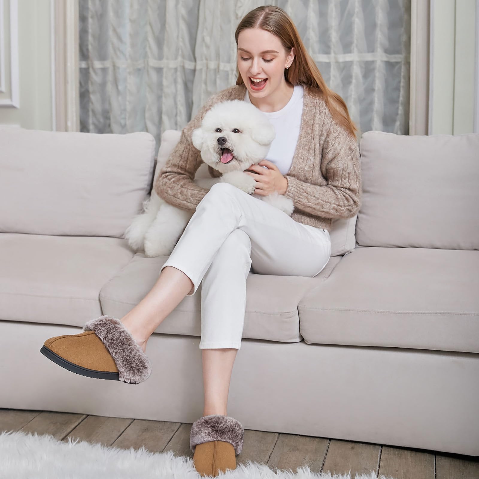 HomeTop Women's Classic Microsuede Memory Foam Slippers Durable Rubber Sole with Warm Faux Fur Collar