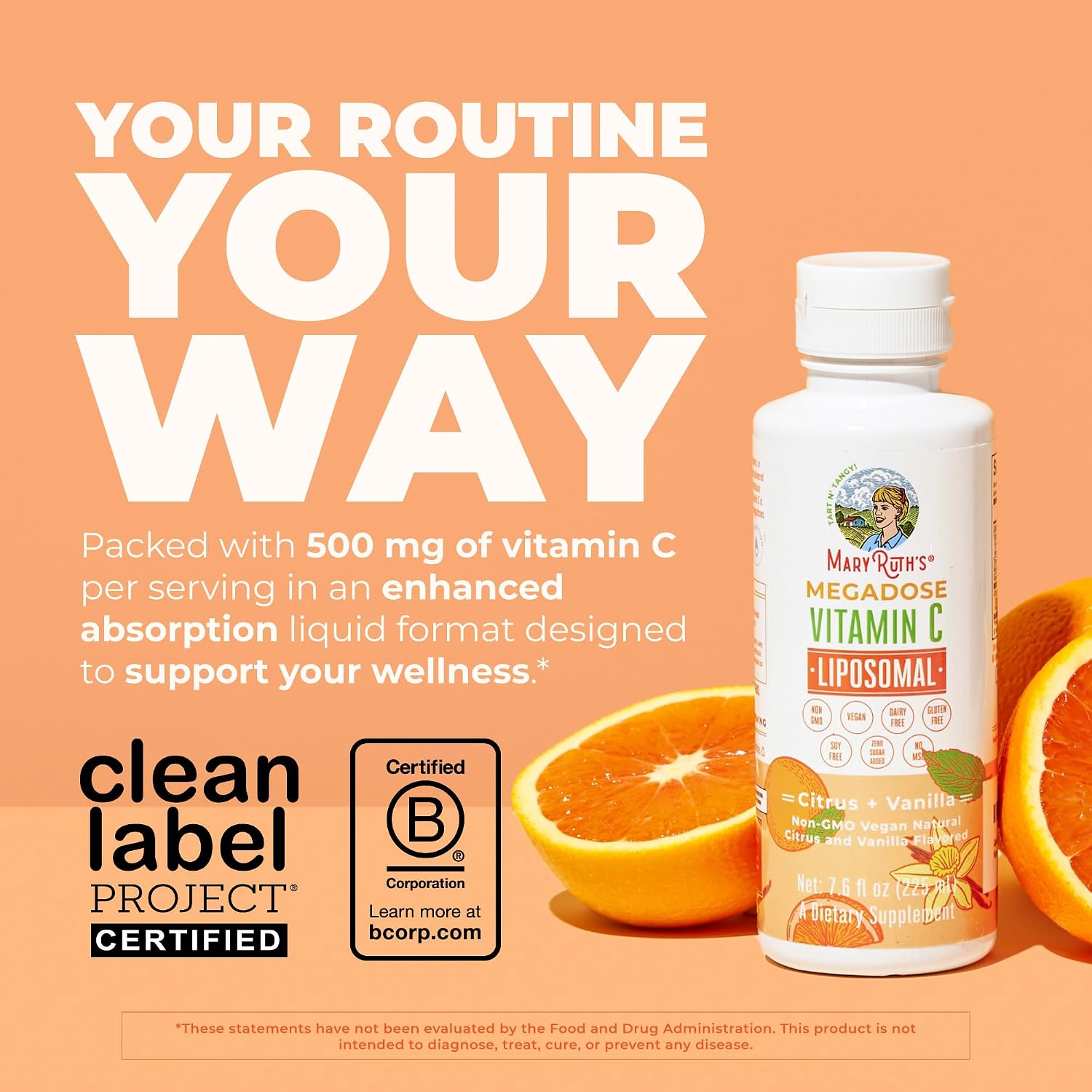 MaryRuth's Megadose Liquid Vitamin C Liposomal | 500 mg Vitamin C | Ultra Absorption | Immunity Supplement | Antioxidant | Collagen Formation | Vegan | Gluten Free | Sugar Free | 7.6 Oz | 30 Servings