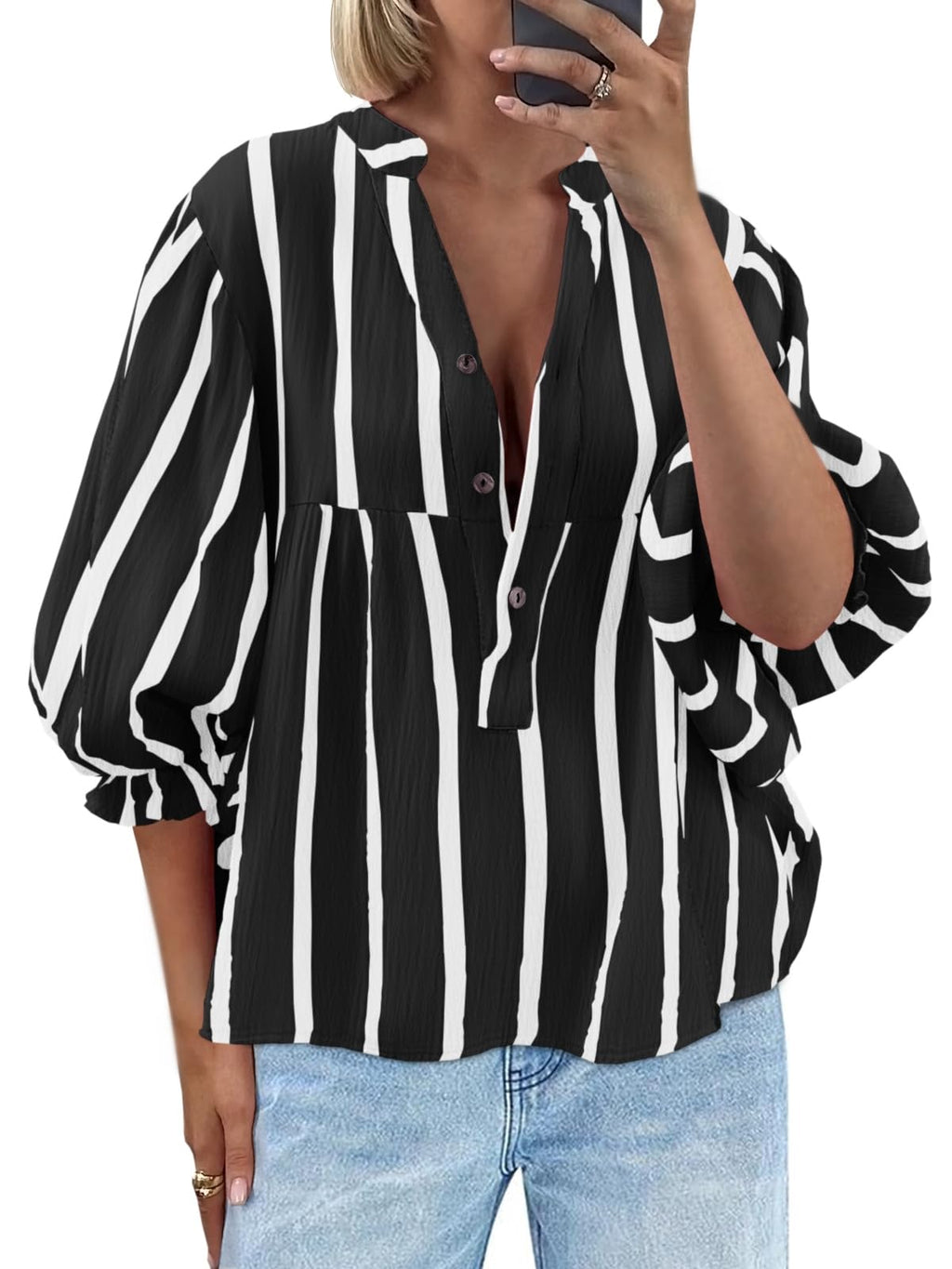 Tankaneo Womens Puff Sleeve Babydoll Tops Summer V Neck Striped Blouse Cute Casual Loose Fit Flowy Shirts