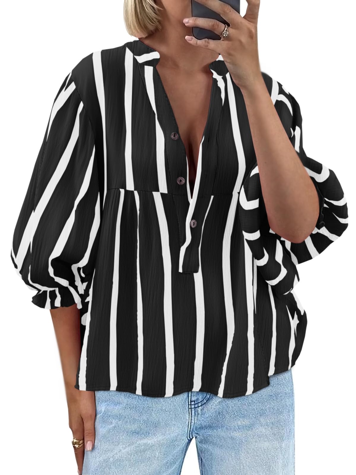 Tankaneo Womens Puff Sleeve Babydoll Tops Summer V Neck Striped Blouse Cute Casual Loose Fit Flowy Shirts