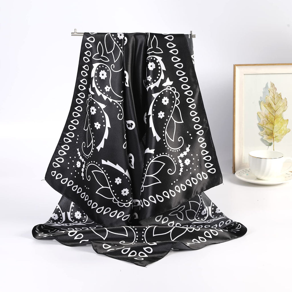 AWAYTR 35” Large Satin Square Head Scarf - 2Pcs Silk Like Floral Head Scarves Square Satin Hair Scarf Bandanas for Women