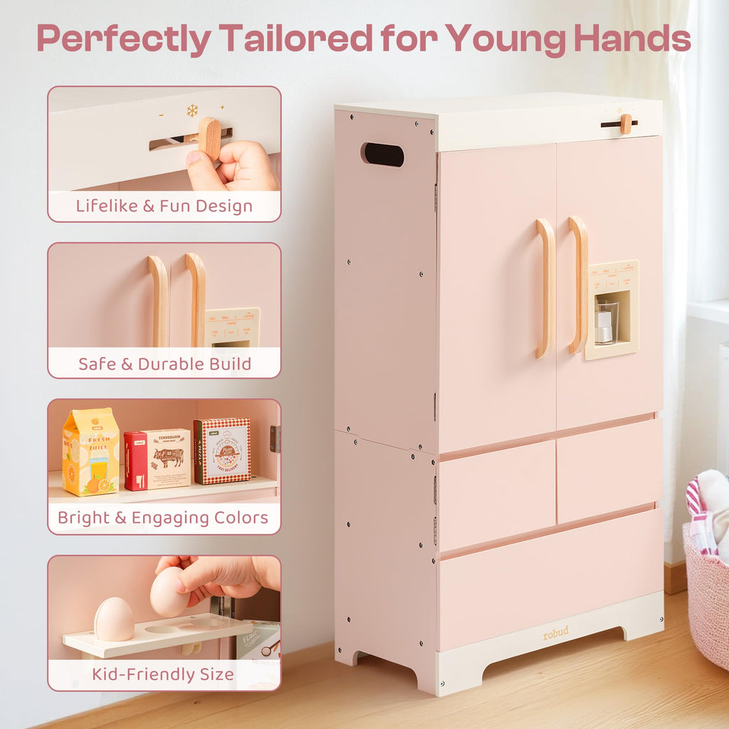 ROBUD Wooden Play Kitchen Fridge, Toy Kitchen Refrigerator, Kids Fridge Freezer Set with Ice Maker, Kitchen Playset Gift for Kids & Toddlers, Age 3+ (Caramel)