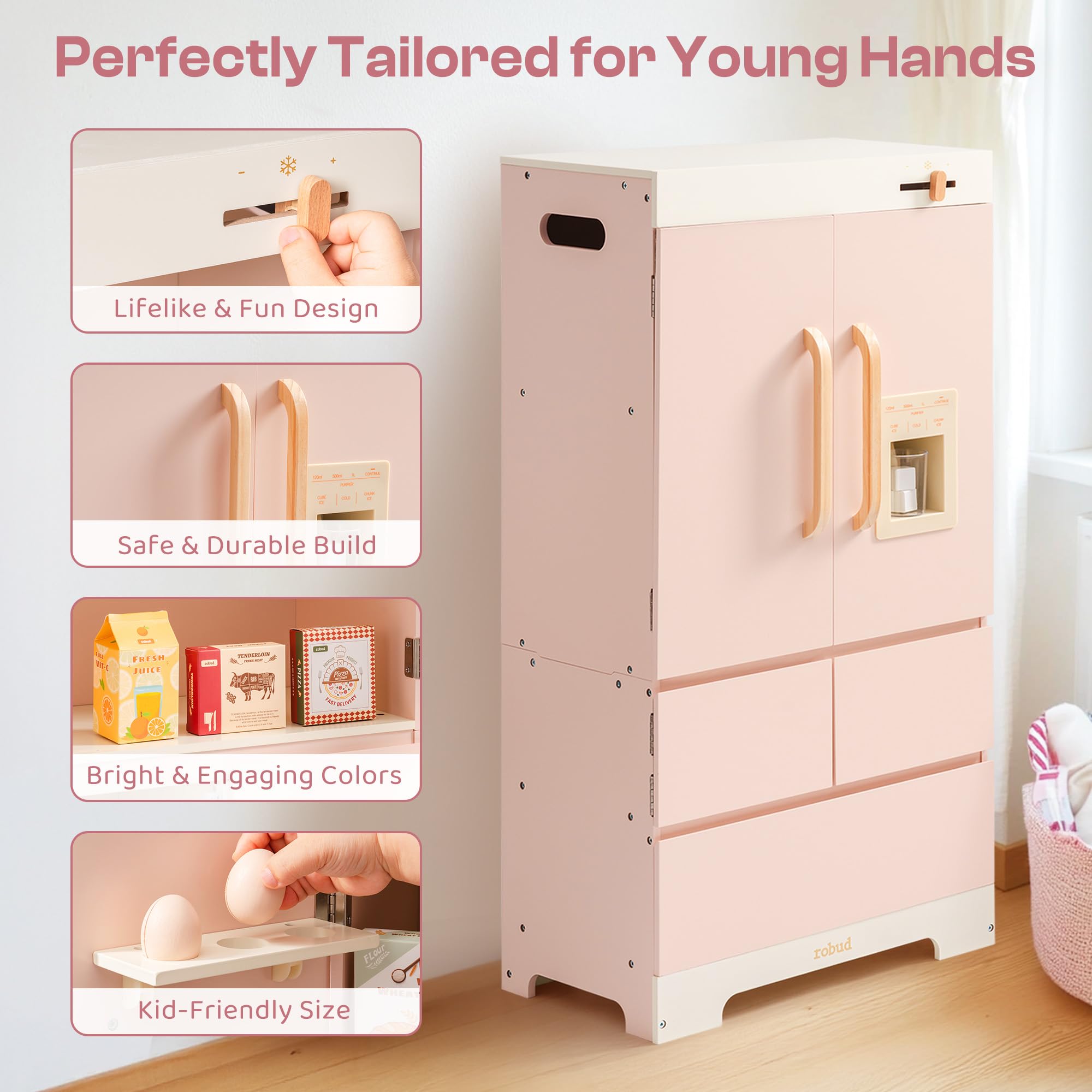 ROBUD Wooden Play Kitchen Fridge, Toy Kitchen Refrigerator, Kids Fridge Freezer Set with Ice Maker, Kitchen Playset Gift for Kids & Toddlers, Age 3+ (Caramel)