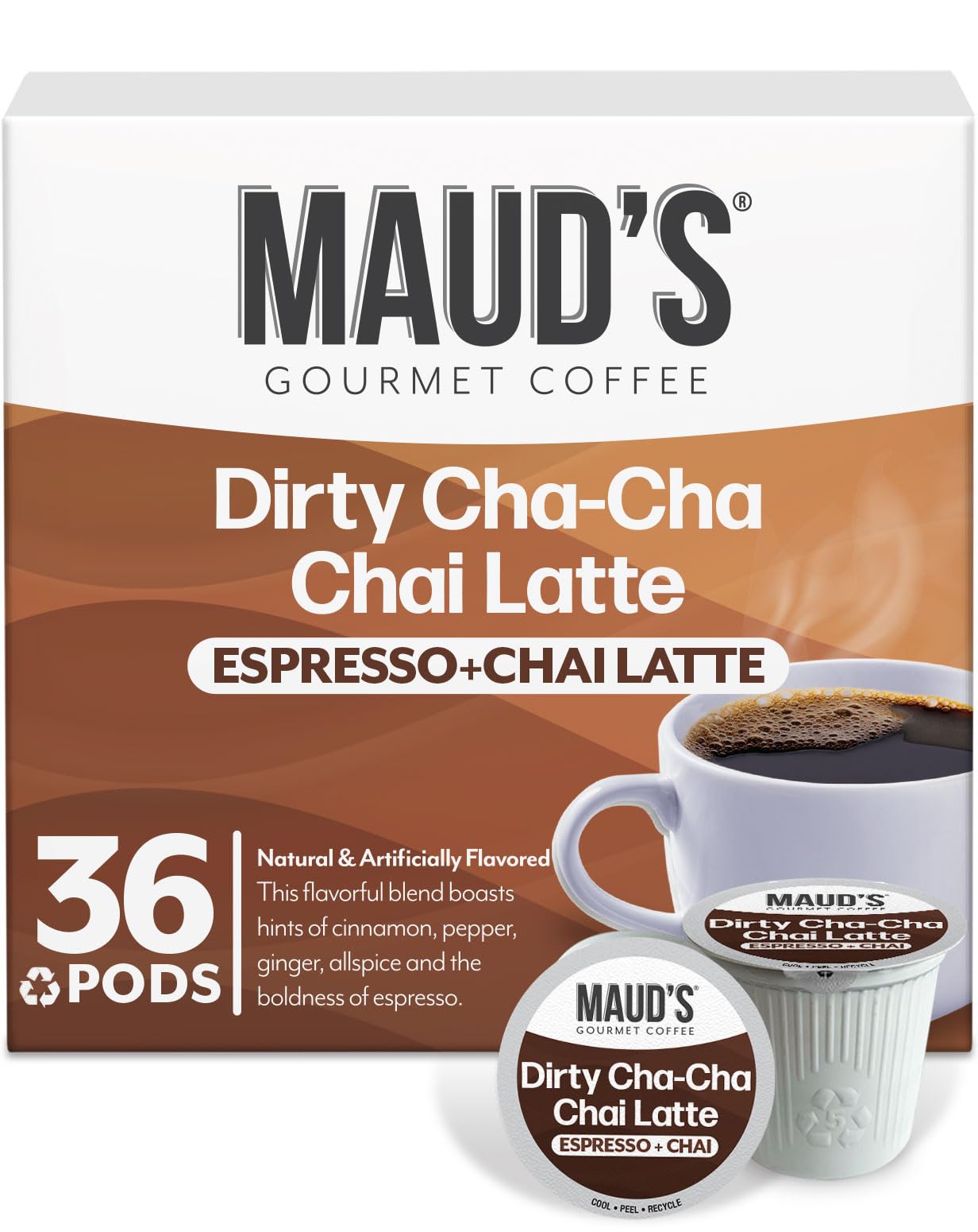 Maud's Chai Tea Latte Pods, 18 ct, Single Serve Tea Pods - 100% Gourmet Blended Tea Leaves, Compatible with Keurig K Cups Maker