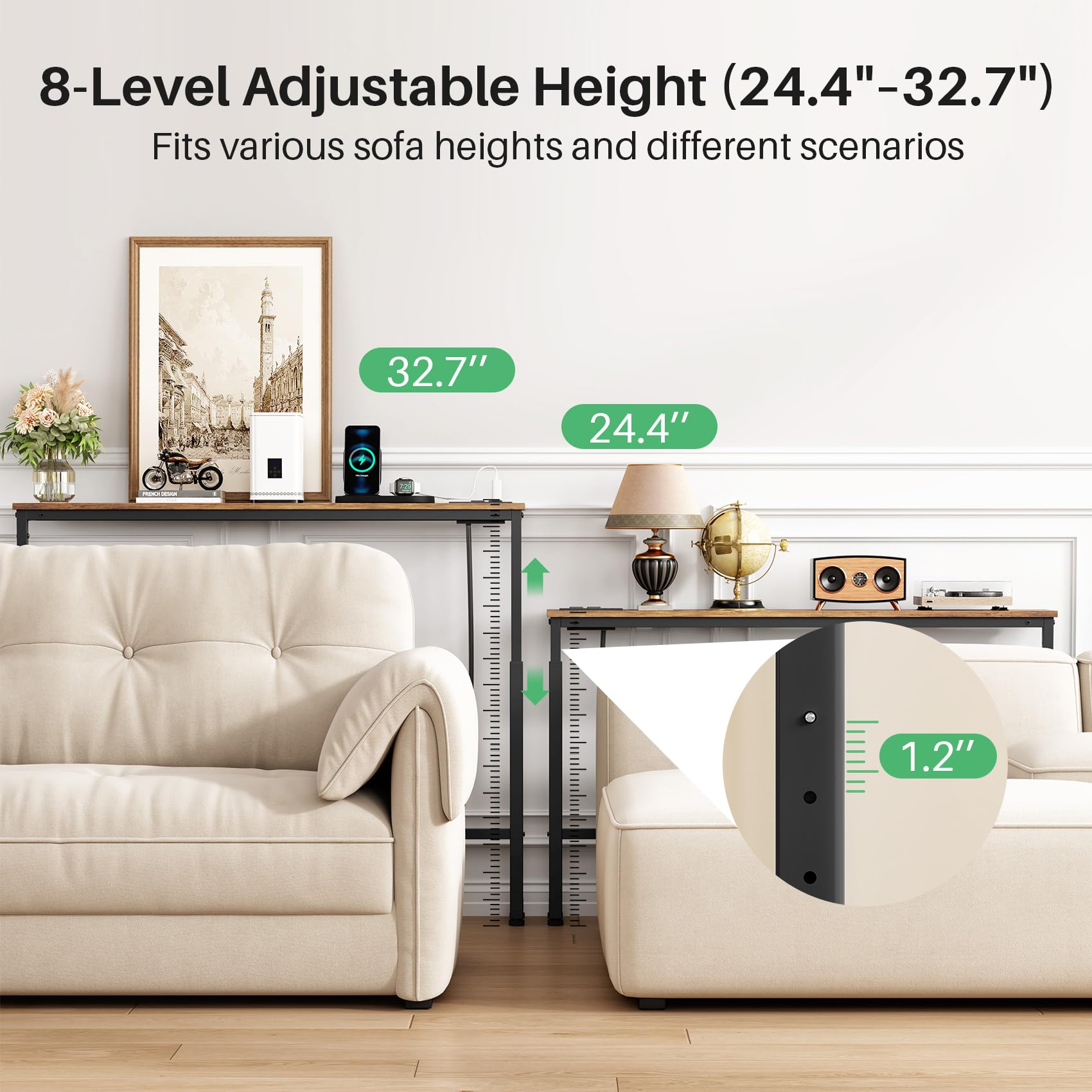 Kitstorack Narrow Sofa Table with Charging Station, 78.8" Behind Couch Table, Adjustable 24.4"-32.7" Height, Modular 2-piece Design for sectionals, entryways, Apartments, and Narrow Living Spaces
