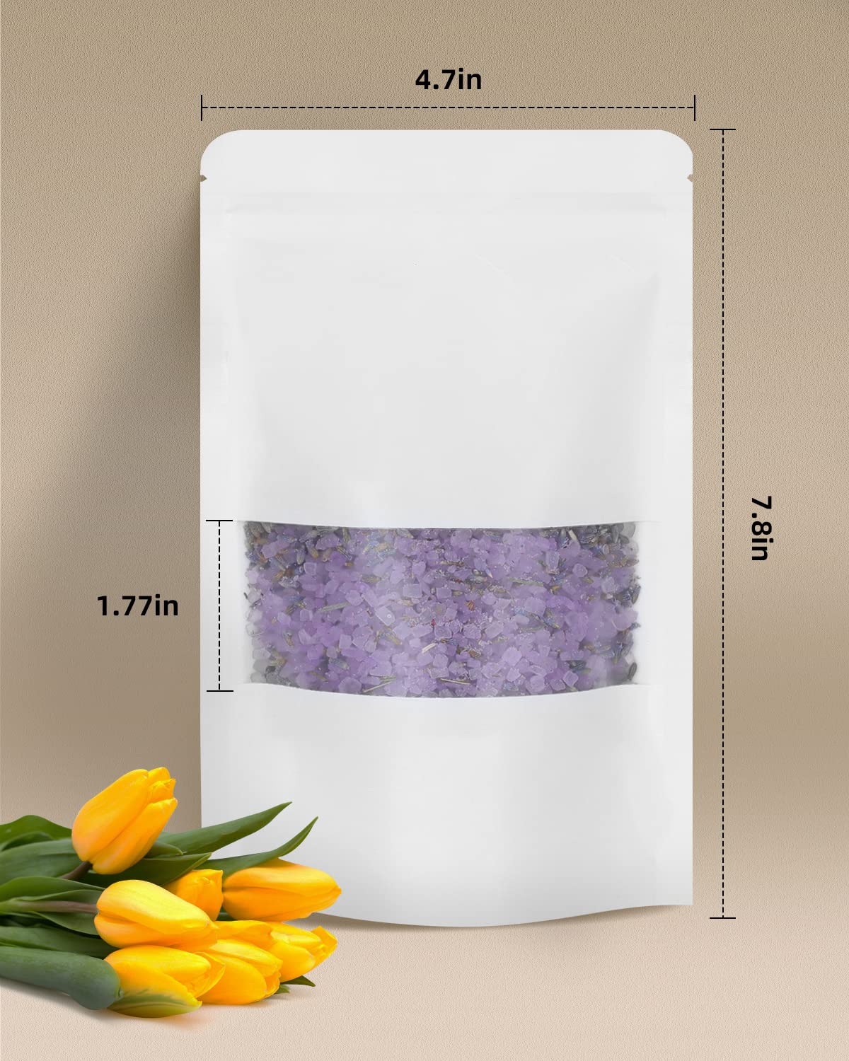 50pcs Kraft Bags with Window 3.5x5.5 Inches Brown Reusable Sealable Zip Lock Food Storage Stand up Paper Pouches for Home or Business