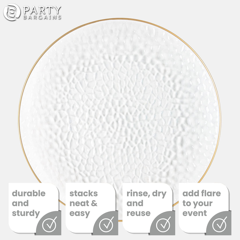 PARTY BARGAINS 13-Inch Charger Plates - 96 Pack, Clear Gold Rim, Heavy-Duty Disposable Chargers for Elegant Dining - Ideal for Weddings and Formal Events