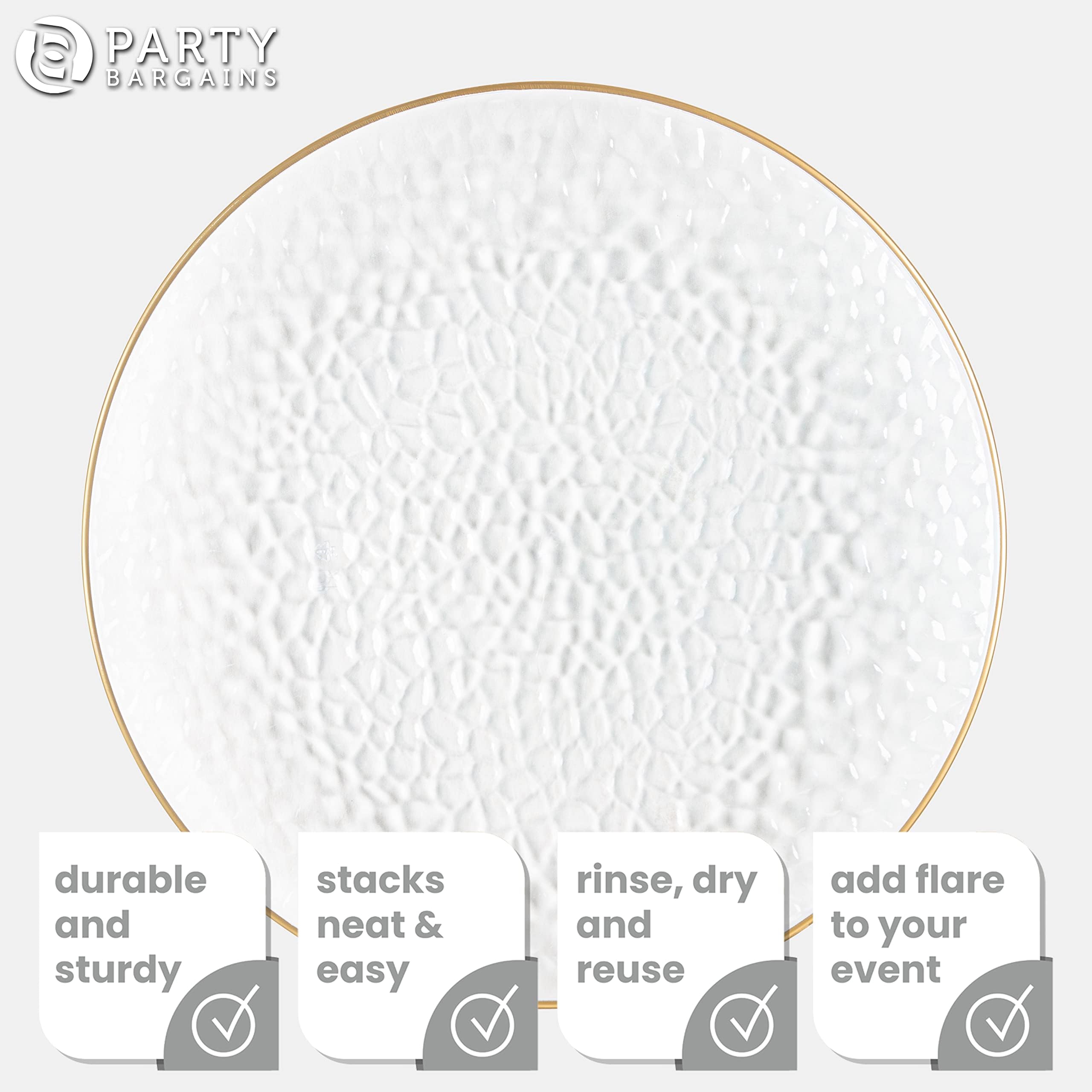 PARTY BARGAINS 13-Inch Charger Plates - 96 Pack, Clear Gold Rim, Heavy-Duty Disposable Chargers for Elegant Dining - Ideal for Weddings and Formal Events