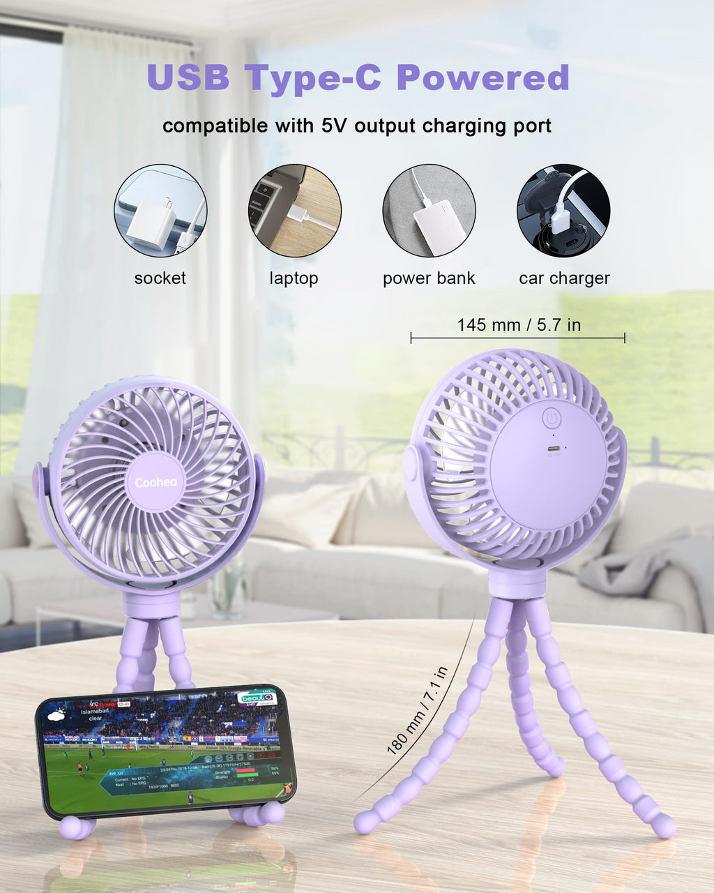 Coohea Stroller Fan Clip on for Baby, 4000mAh Rechargeable Battery Operated, Flexible Tripod, 3 Wind Speed, 360° Rotatable, Small Cooling Portable Fan for Car Seat Crib Golf Cart Bike Treadmill, Black
