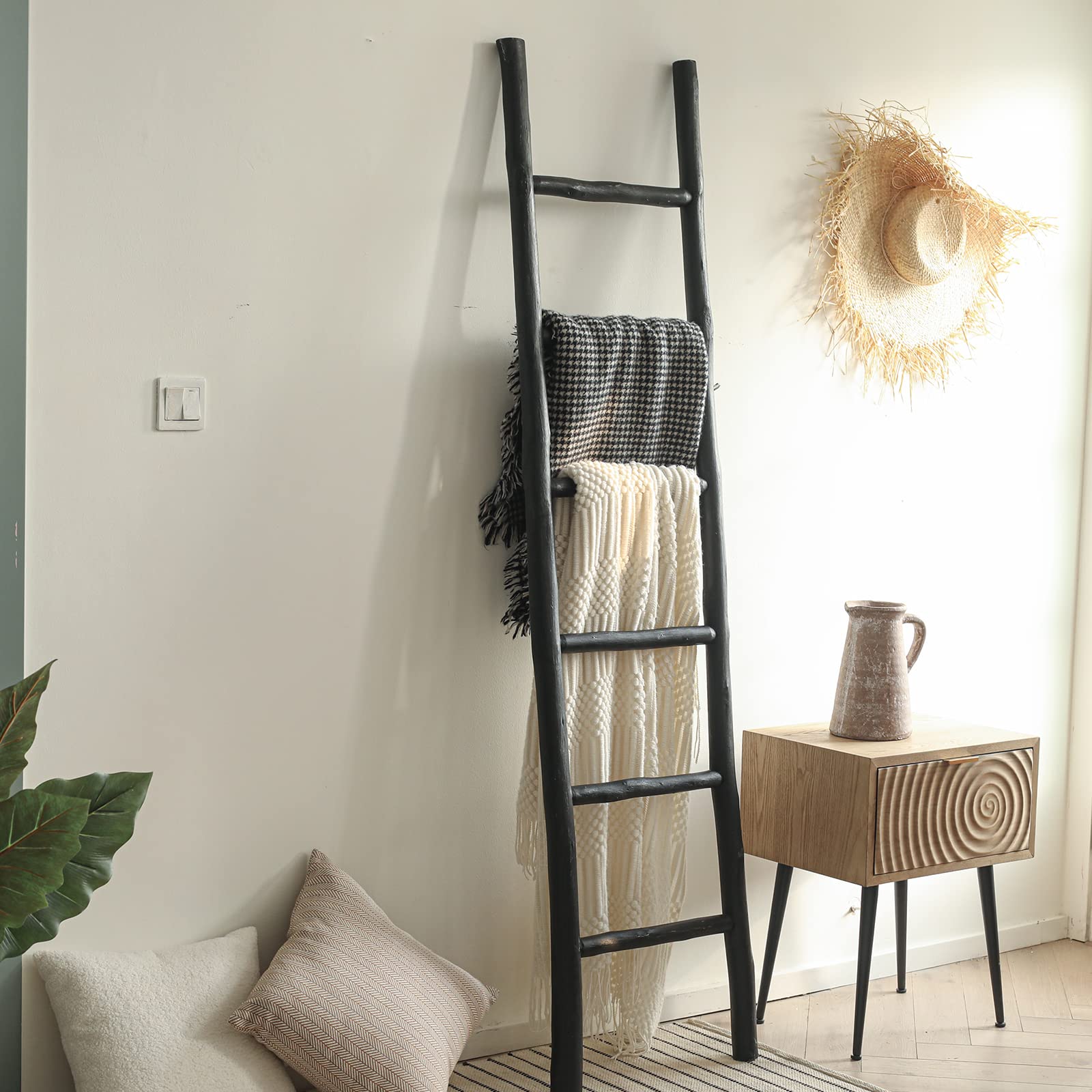 FUIN 57in Wood Blanket Ladder Living Room Decorative Wall Leaning Farmhouse Quilt Display Holder Rustic Wooden Towel Rack for Bathroom, Black