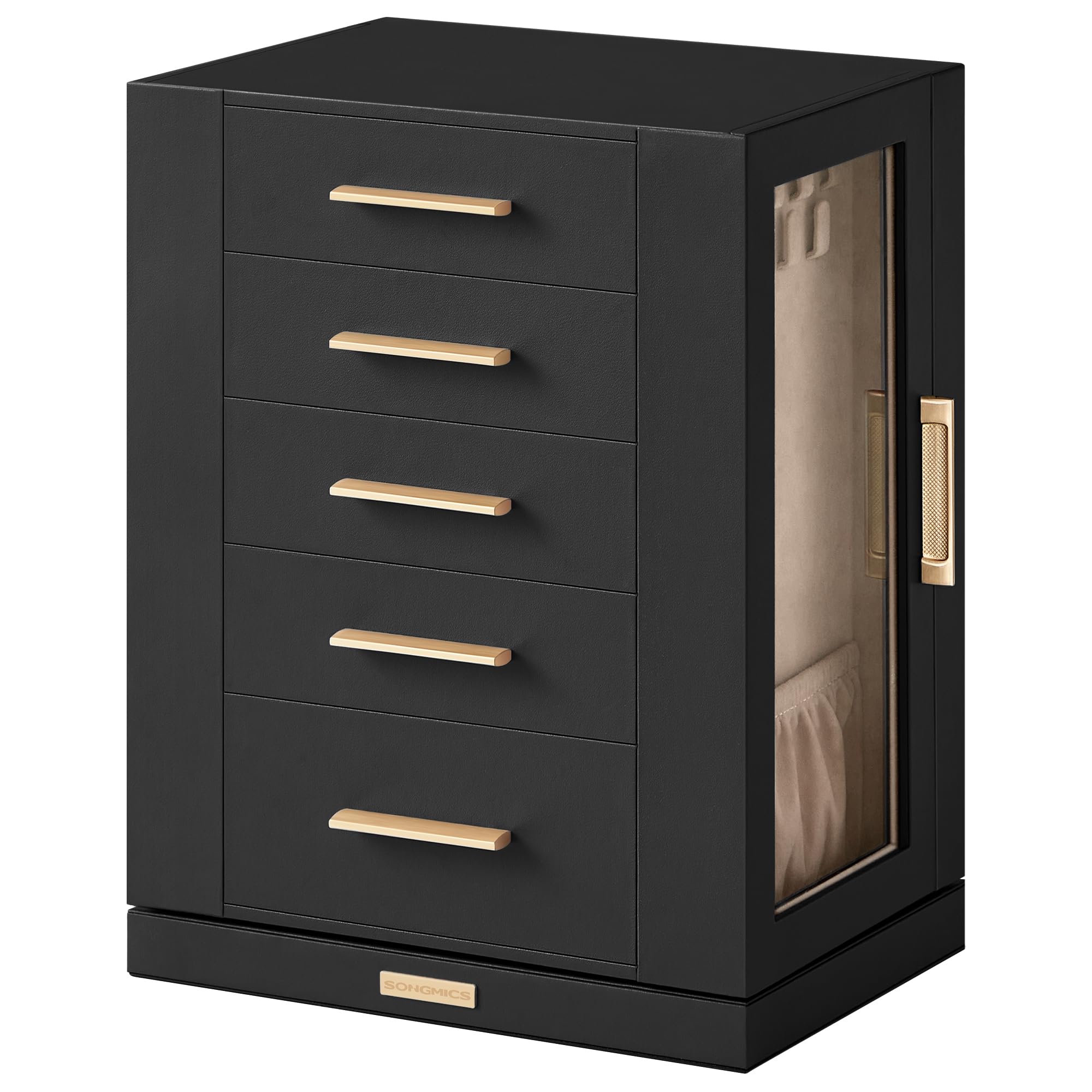 SONGMICS GISELLA Collection - Jewelry Box Organizer 360° Rotating, Vertical Jewelry Storage Case with 5 Drawers, Glass Window, Spacious, Open Design, Great Gift, Cloud White UJBC170W01