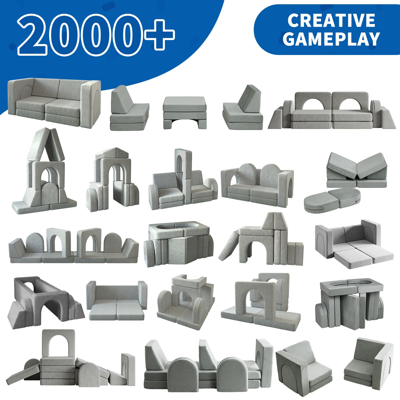 wanan Kids Couch 10PCS, Modular Kids Play Couch for Playroom Bedroom, 10 in 1 Multifunctional Kid Sofa for Playing, Creativing, Sleeping, Indoor Toddler Couches for Boys and Girls(Dark Grey)