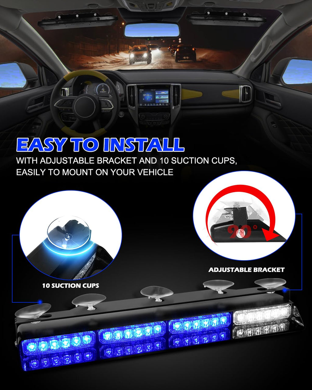 HLauto 604N Emergency Dash Strobe Lights: 2x16.8 inch Amber White Security Light w/Take Down, 48 LED Safety Flashing Warning Hazard Interior Windshield Light Bar for Truck Vehicle