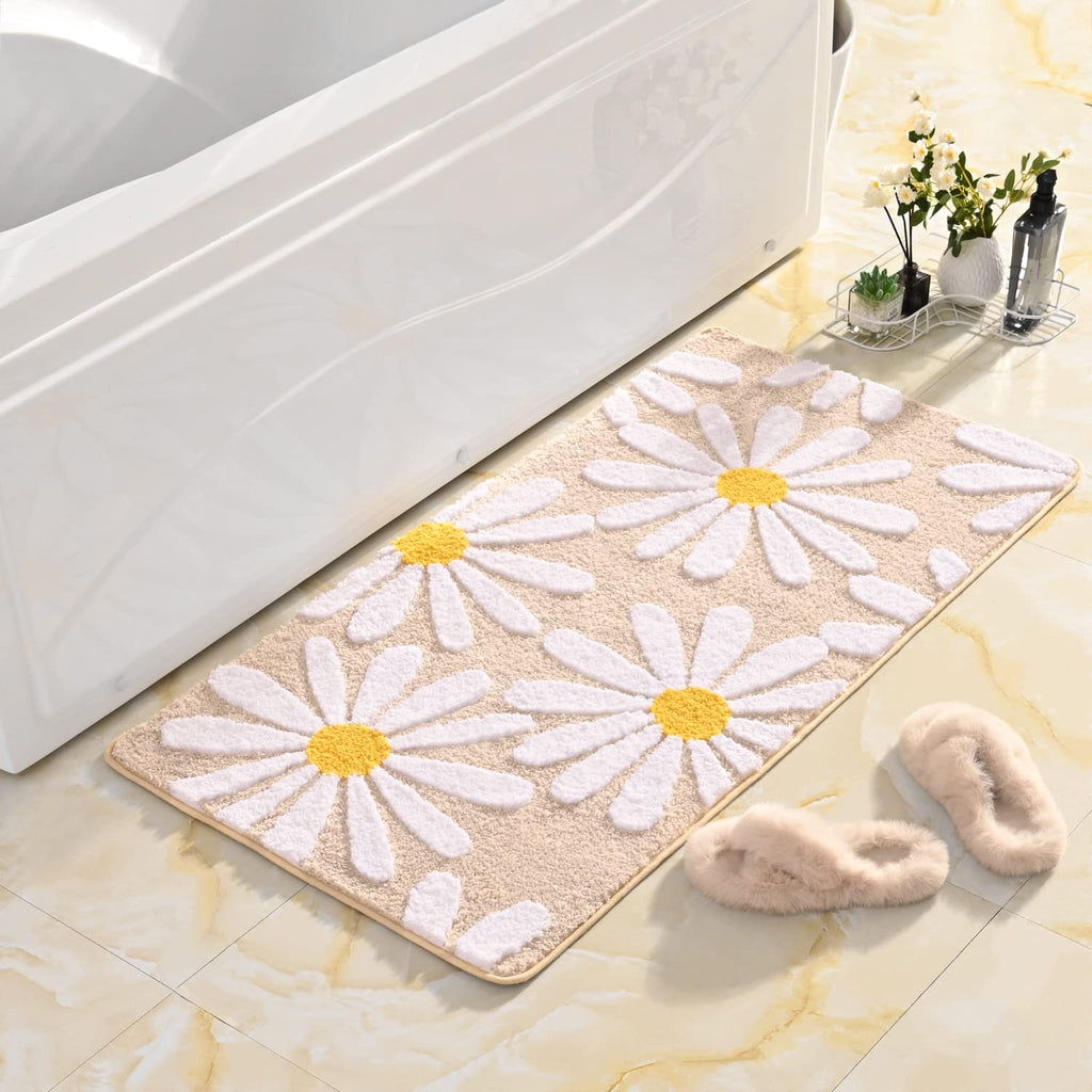 QJHOMO Beige Bathroom Rugs Cute Daisy Bath Mat White and Yellow Flower Decor Rug Non Slip Floor Carpet Microfiber Bathmat Super Absorbent Machine Washable Bathtub Mats for Shower (16x24 inch)