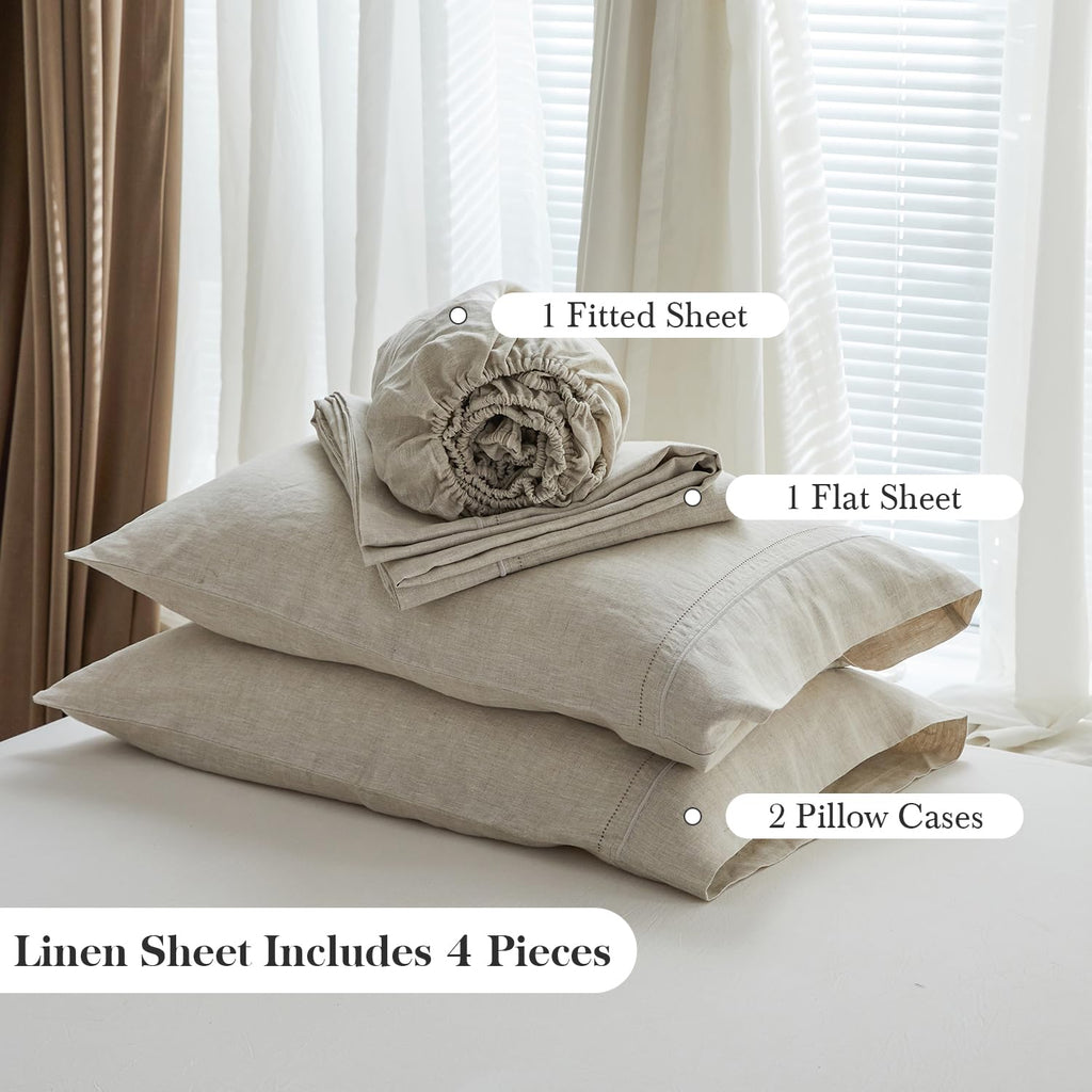 Simple&Opulence 100% Pure Linen Sheet Set Twin Size, Natural French Flax Solid Color 3 Pcs Washed Breathable, Farmhouse Bedding (1 Flat Sheet,1 Fitted Sheet,1 Pillowcase)-Embroidery Dark Grey