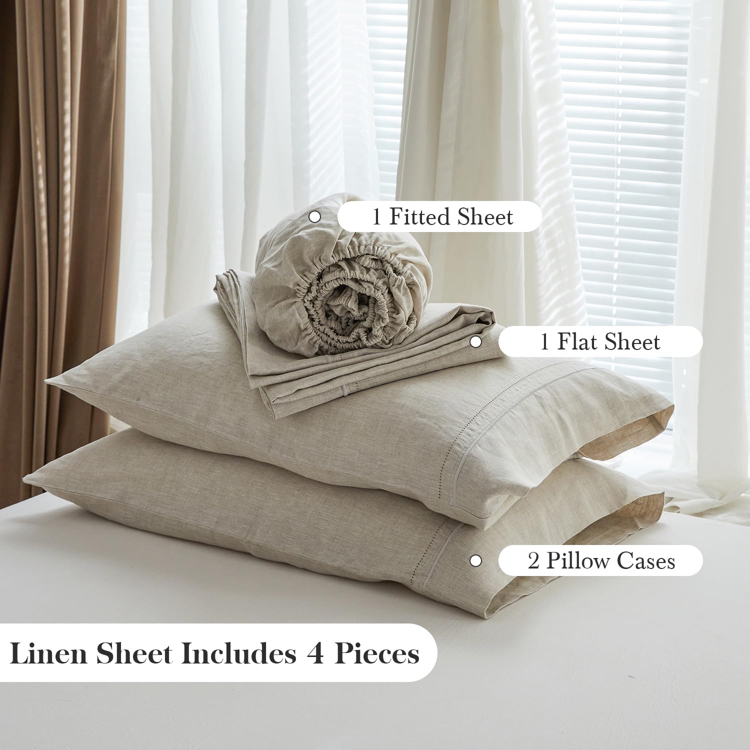 Simple&Opulence 100% Pure Linen Sheet Set Twin Size, Natural French Flax Solid Color 3 Pcs Washed Breathable, Farmhouse Bedding (1 Flat Sheet,1 Fitted Sheet,1 Pillowcase)-Embroidery Dark Grey