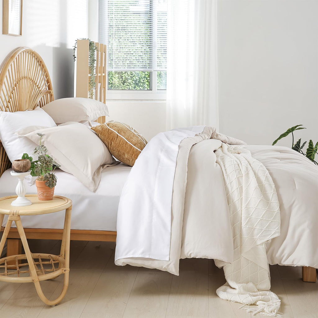 Beige Twin Comforter Set with Sheets - 5 Pieces Bed in a Bag Twin