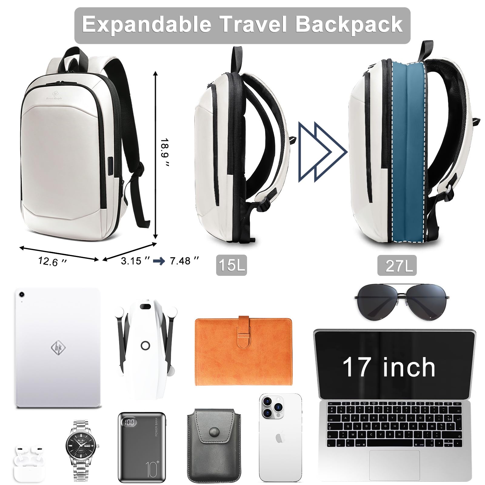 hk Business Backpack for Men 15.6 Inch,Slim & Expandable Waterproof Travel Laptop Backpack, Anti-Theft Lightweight Work Computer Bag, College Laptop Backpacks Gifts for Men Women-Black