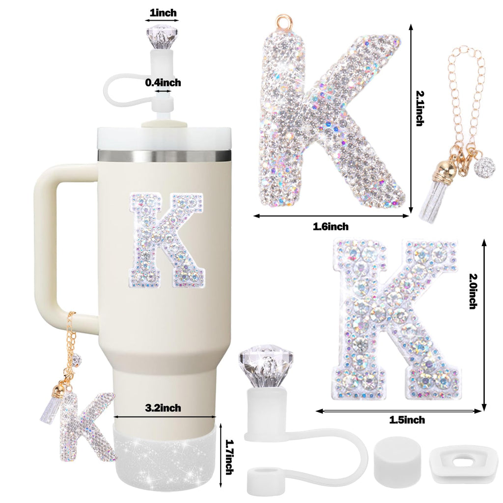 Mity rain Accessories Set for Stanley Cup, Initials Decorations for Tumbler Cup 30/40OZ, Including Diamond Straw Topper/Spill Proof Stopper/Sparkly Silicone Boot Set/Letter Charms for Handle A-Z (A-)