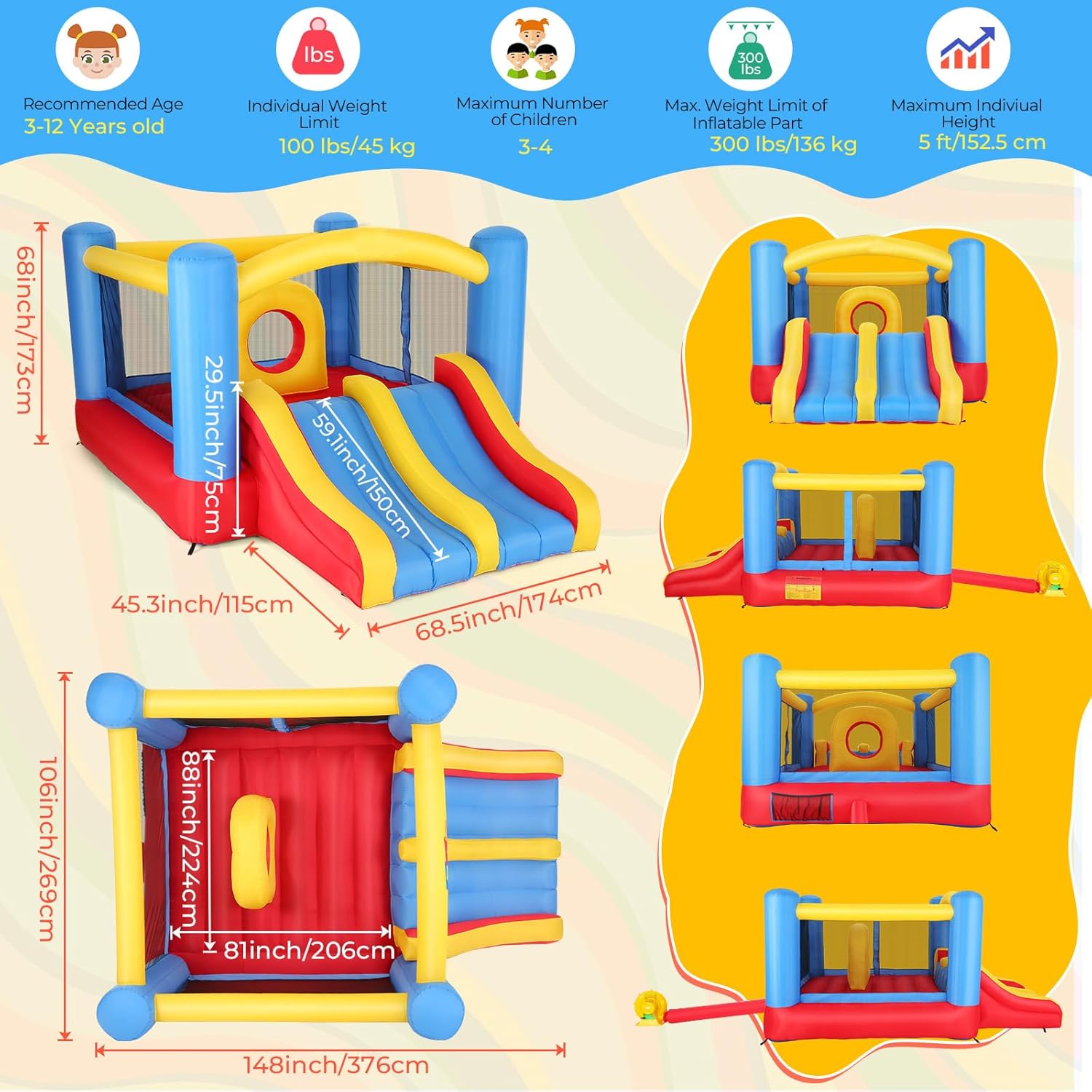Whubefy Bounce House, Inflatable Bounce House for Kids 3-6 Big Kids 8-12, Indoor/Outdoor Double Slide Obstacle Bouncer with Blower, 12 x 9FT Jumping Castle with Center Hoop for Family Backyard