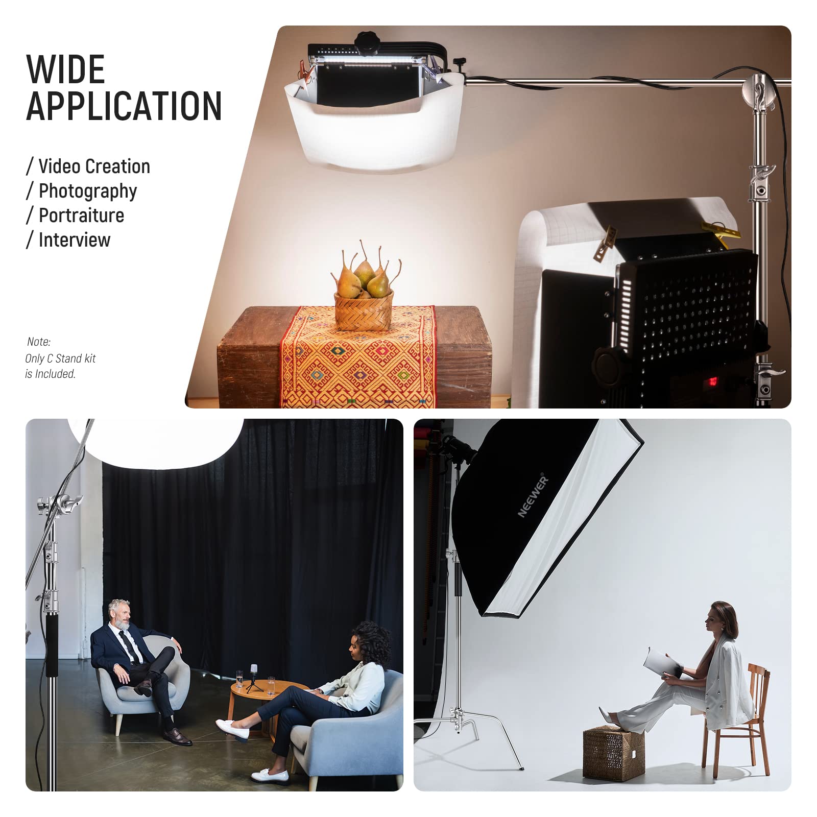 NEEWER Pro 100% Stainless Steel Heavy Duty C Stand with Boom Arm, Max Height 68"/172cm Photography Light Stand with 2.7ft/83cm Holding Arm, 2 Grip Head for Studio Monolight, Softbox, Reflector, SC172