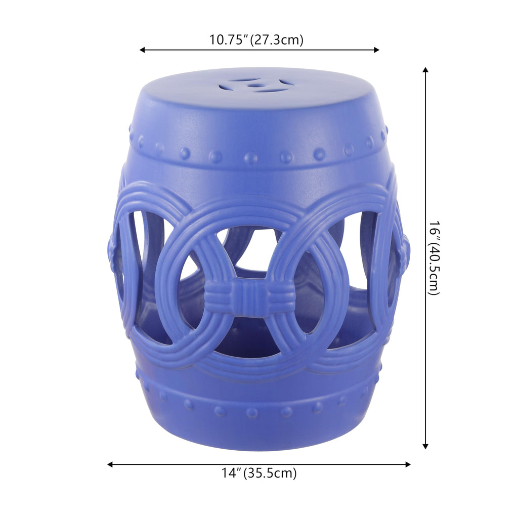 JONATHAN Y Lucky Coins 16" Ceramic Garden Stool, Contemporary Blue/White Cutout Interlocking Rings Drum Indoor/Outdoor Side Table and Plant Stand for Patio, Garden, Living Room TBL1027A