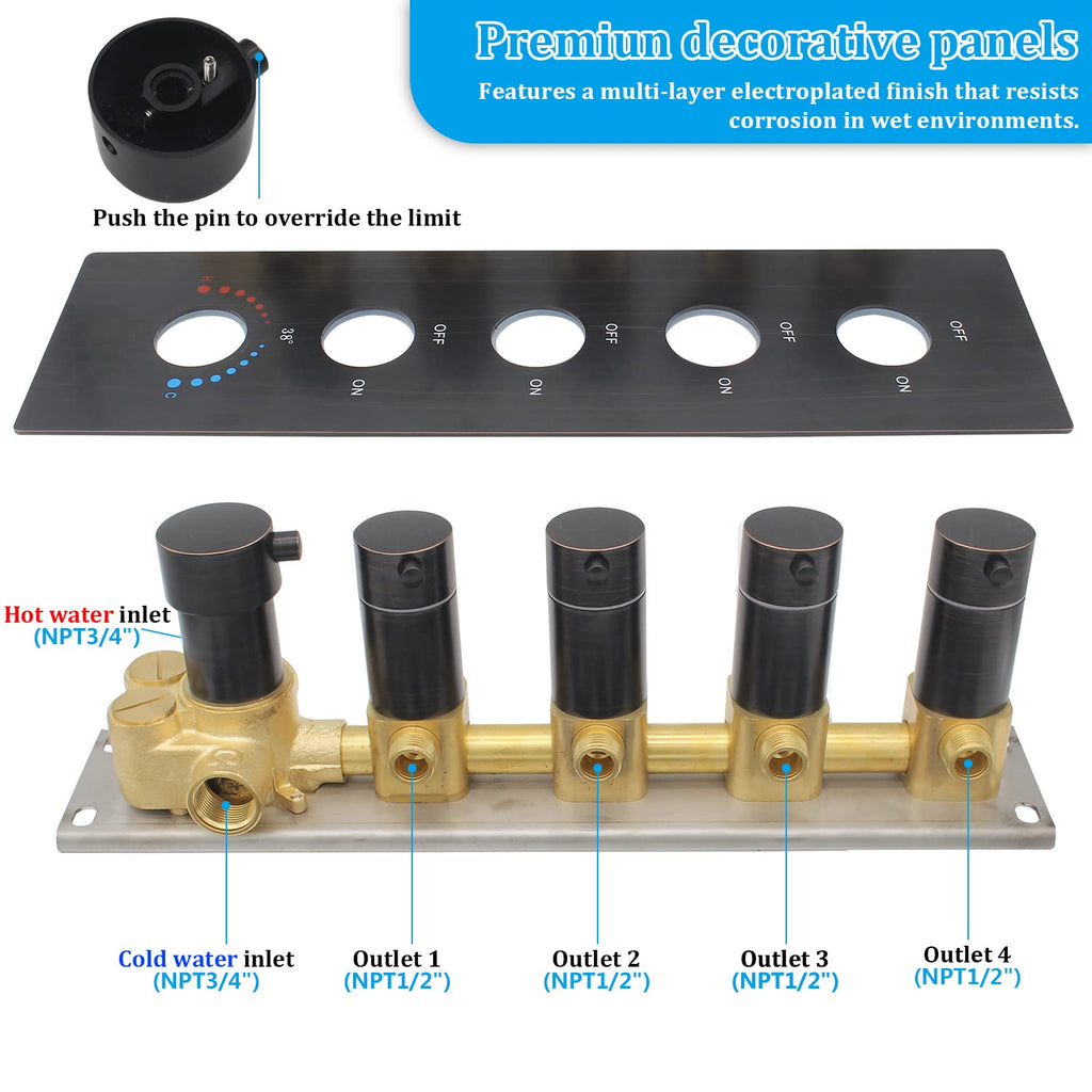 HOMEDEC 2 Way Shower Diverter Valve Brass Dual Functions Thermostatic Shower Mixing Valve Kit 3 Handle Flow Control Valve, 3/4 Inch Inlet, Can Use All Options At a Time, Matte Black
