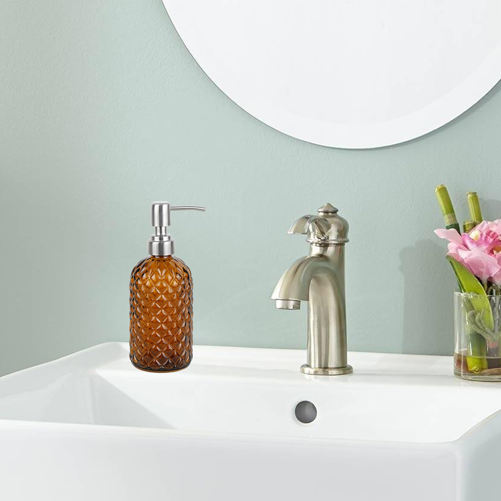 16 oz Diamond Pattern Glass Soap Dispenser, Kitchen and Bathroom Refillable Soap Dispenser with Rust Resistant Stainless Steel Pump for Hand Soap, Lotion Glass Liquid Dispenser(Amber)