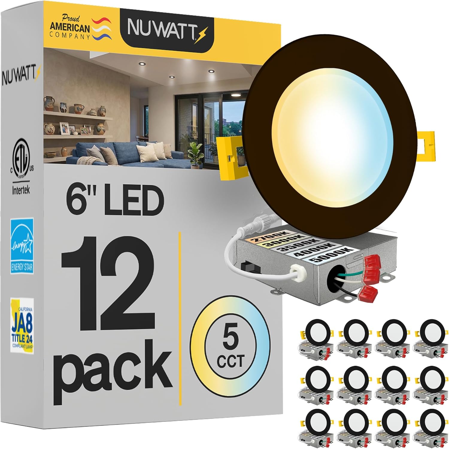 NUWATT 12 Pack 6 Inch Ultra-Thin Bronze LED Recessed Lighting, 5CCT 2700K/3000K/3500K/4000K/5000K Selectable, High Brightness 1050 Lumens, Dimmable Canless Slim Wafer Light, IC Rated, Metal J-Box, ETL