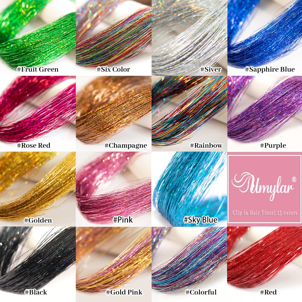 Clip in Hair Tinsel, Pack of 12 Pcs 20 Inch,Glitter Tinsel Hair Extensions, Festival Tinsel Fairy Hair Extension Party Dazzle Hair Accessories Strands Kit for Women Girls(12Pcs,Black#)