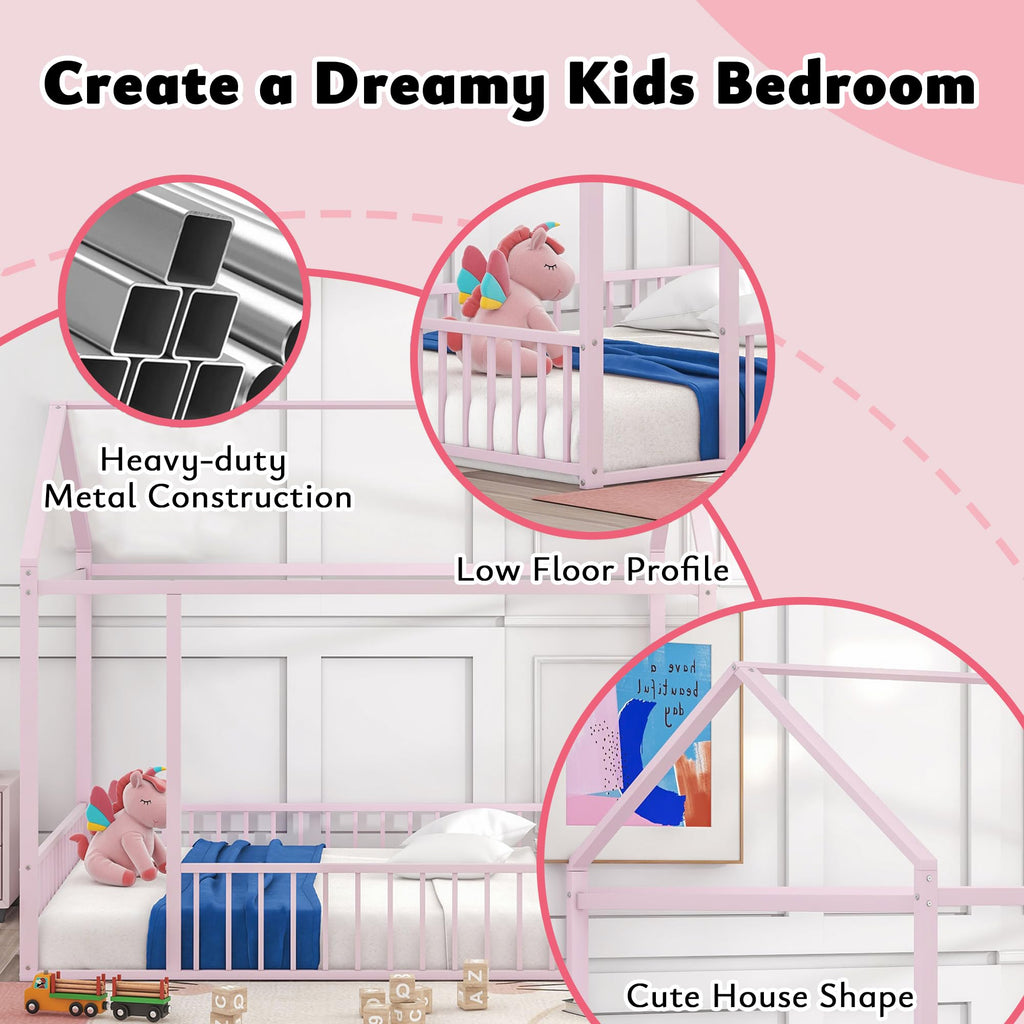 Bellemave Twin Size Montessori Floor Bed, Metal House Bed Framefor Kids, Montessori Floor Beds with Fence, Playhouse for Kids,Black