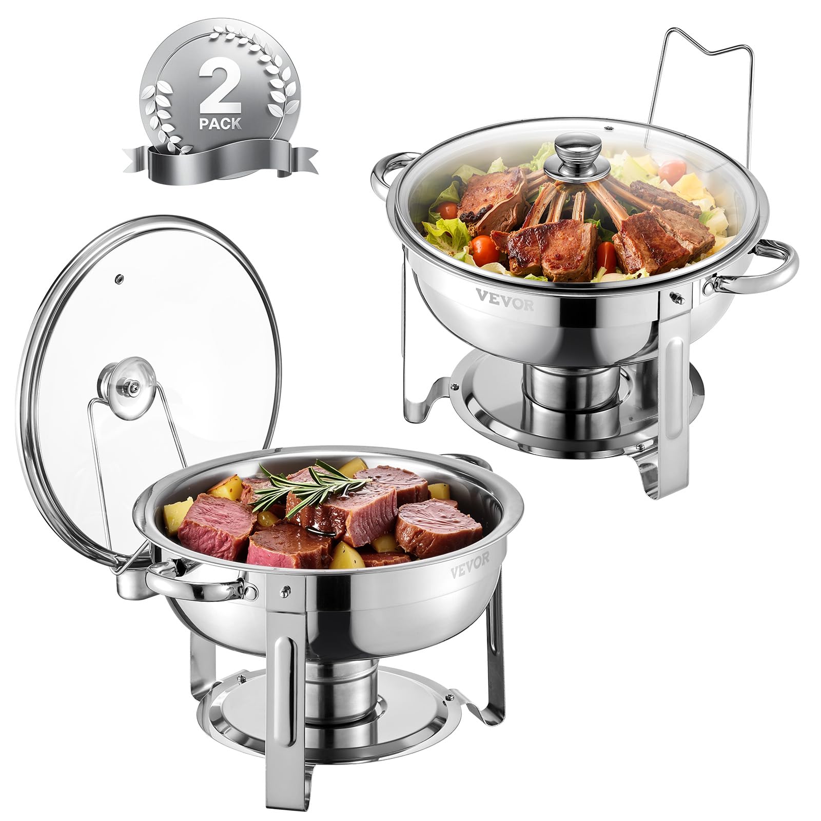 VEVOR Chafing Dish Buffet Set, 5 Qt 4 Pack, Stainless Steel Chafer with 4 Full Size Pan, Round Catering Warmer Server with Glass Lid Water Pan Folding Stand Fuel Holder, for Wedding Banquet, Gold