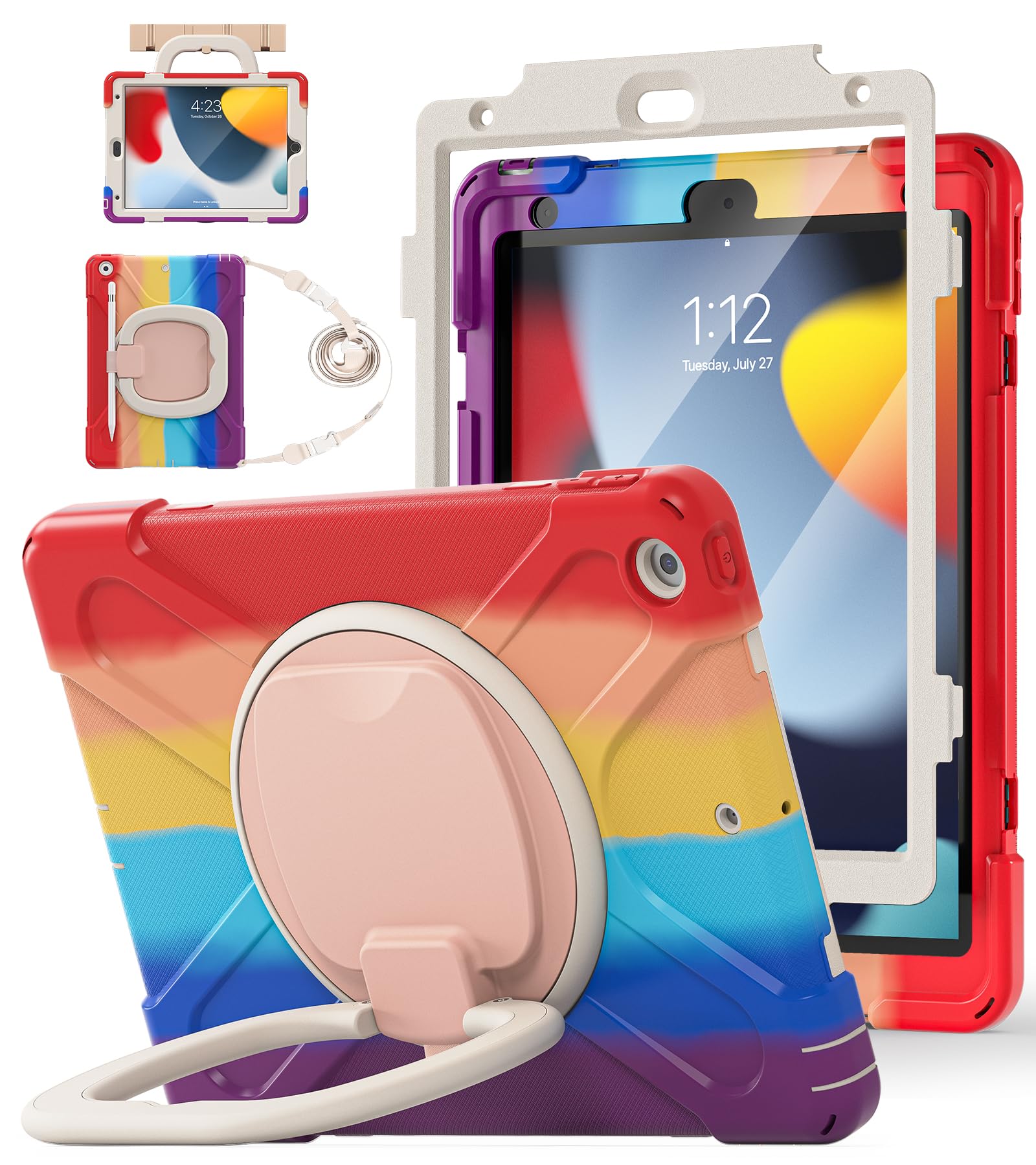 BATYUE for iPad 9th/ 8th/ 7th Generation Case (iPad 10.2 inch Rugged Case 2021/2020/2019) with Screen Protector, Rotating Stand/Pencil Holder/Carrying Shoulder Strap (Colourful Pink)