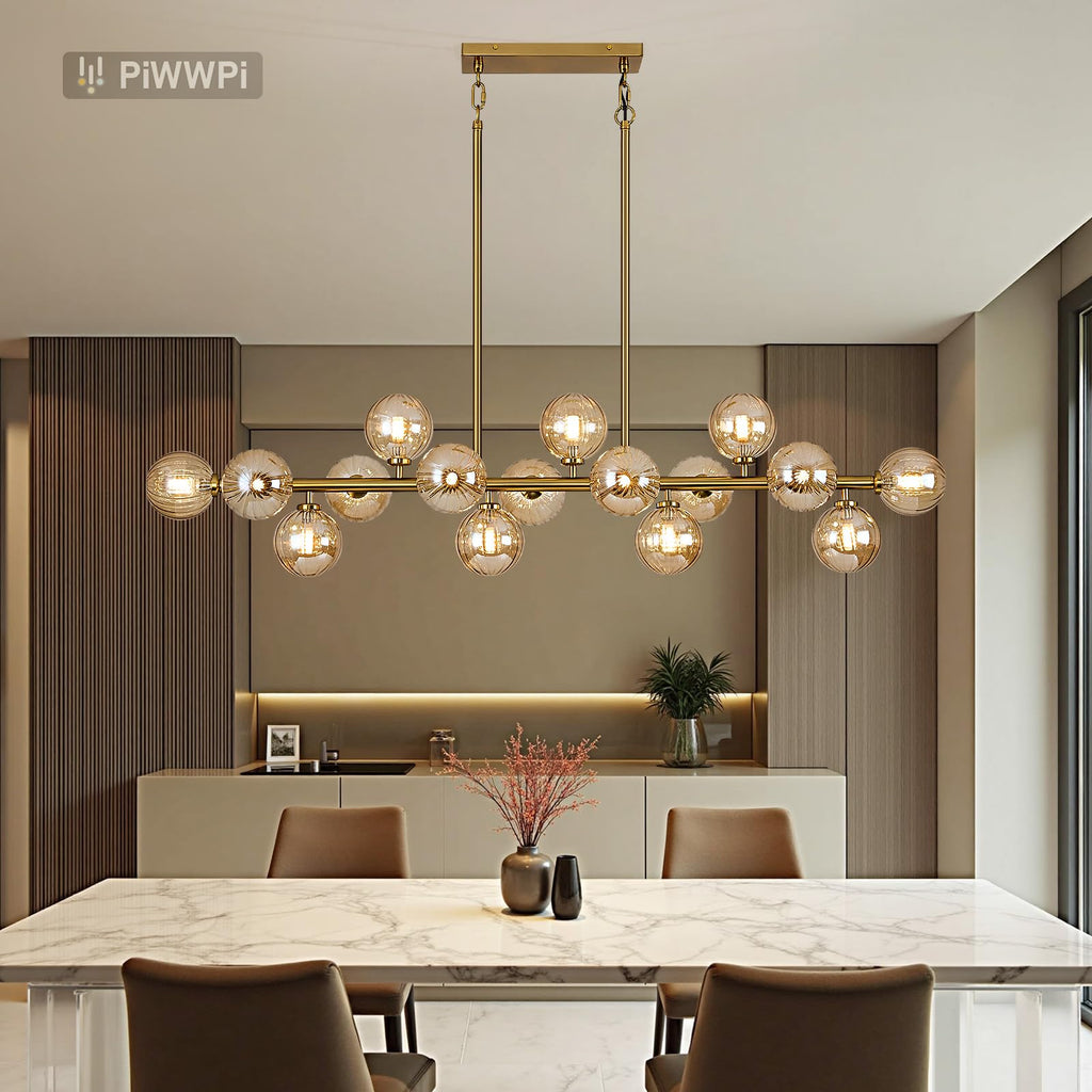 Modern Linear Chandeliers for Dining Room, 8-Light Globe Sputnik Pendant Ceiling Light, Black Dining Room Light Fixture Over Table, Mid Century Glass Milk White Bubble, 31.5 Inch, GC-09