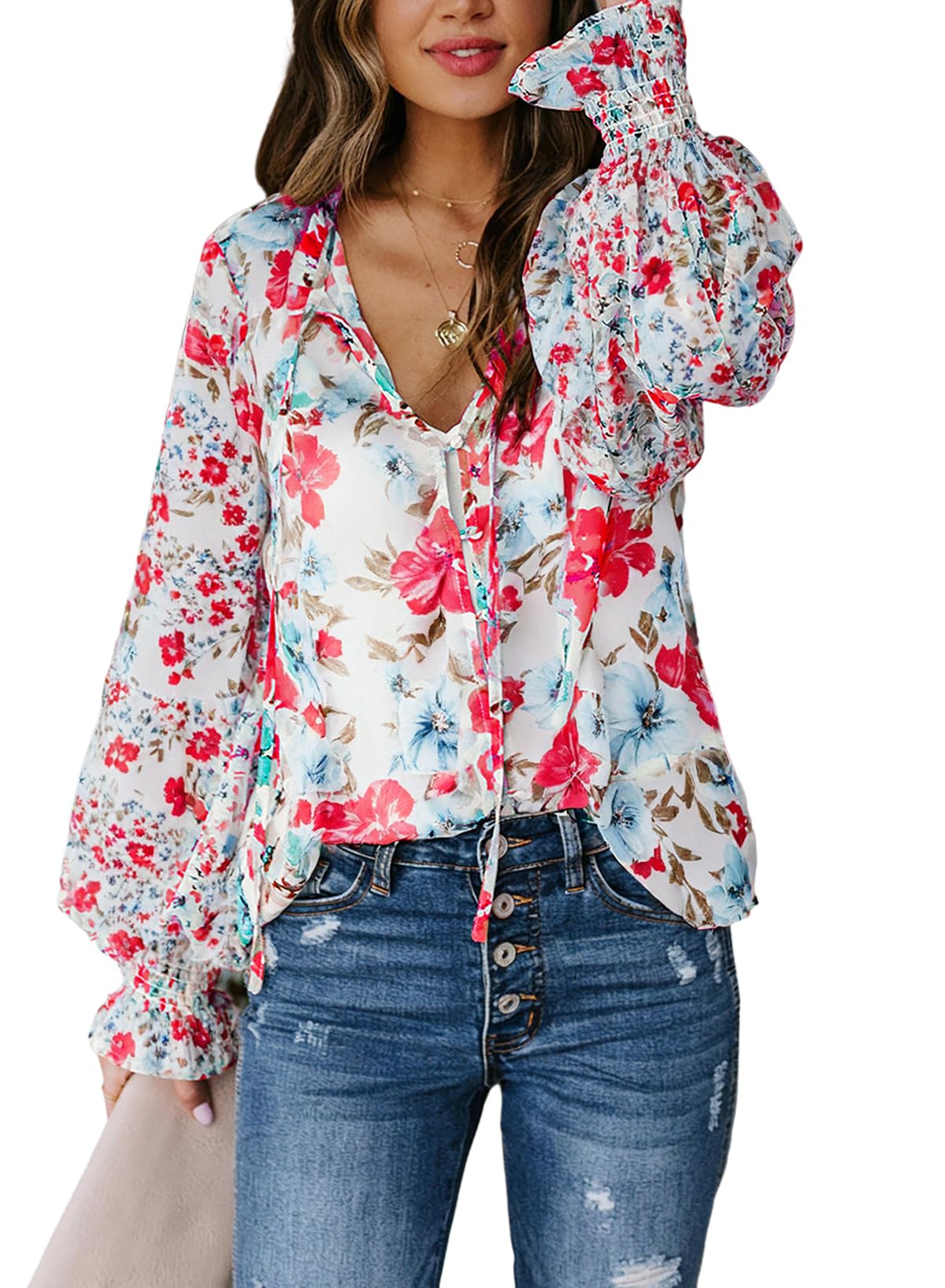 Biucly Women's Casual Boho Floral Print V Neck Long Sleeve Drawstring Tops Loose Blouses Button Down Shirts