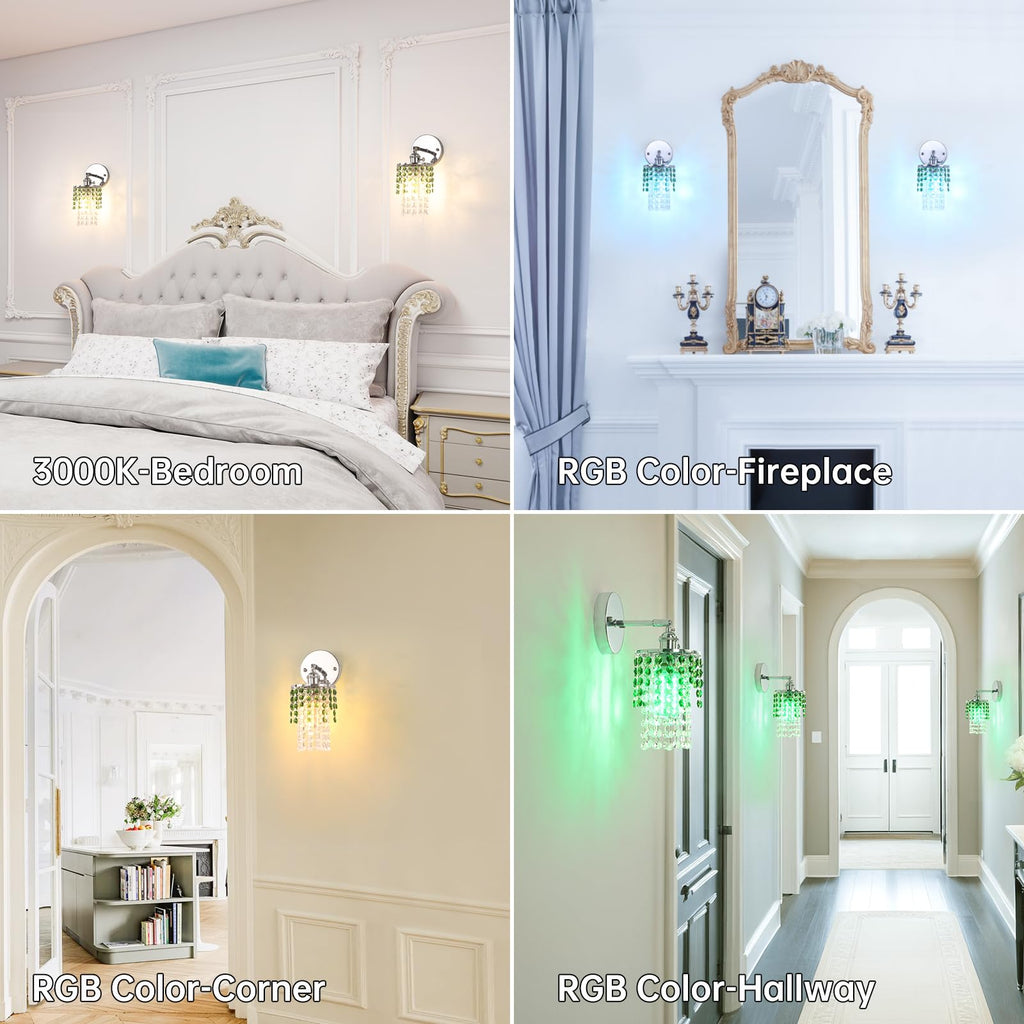 Shenmoyl Set of 2 Crystal Battery Operated Wall Sconce, Rechargeable Battery Powered Wall Lamp with Remote Control, Modern Dimmable Wall Lights for Bedroom Bathroom(Green, Gold Base)