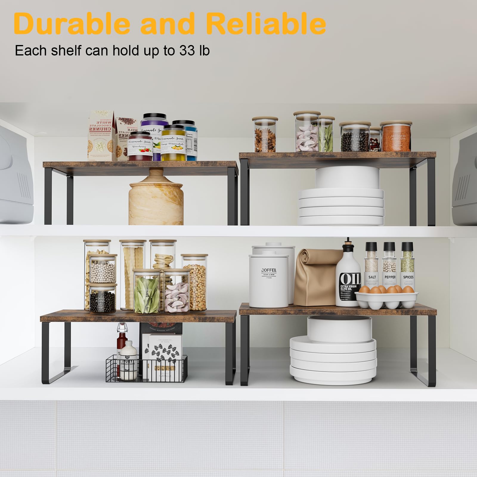 OGEMXU Cabinet Shelf Organizers, 15.7 inches Large Kitchen Counter Shelf, Set of 2 Wood Kitchen Pantry Organizer, Storage Shelves for Countertop, Spice Rack, Stackable, Expandable, Metal Black, Brown