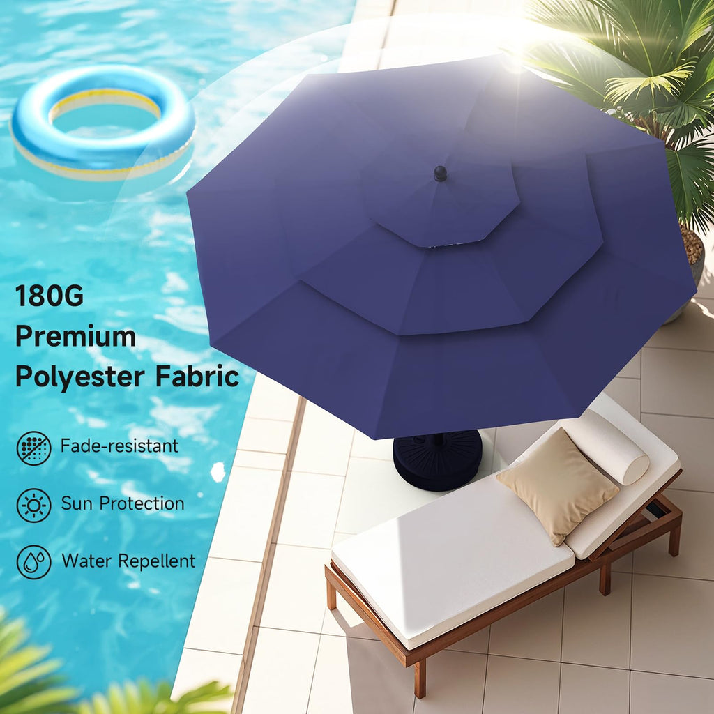 ONBRILL 10 FT Patio Umbrella, 3 Tier Outdoor Table Umbrella with 8 Sturdy Glass Fiber Ribs and Push Button Tilt, Outdoor Patio Umbrellas for Market Pool Garden Backyard, 1.5" Pole, Blue (No Base)