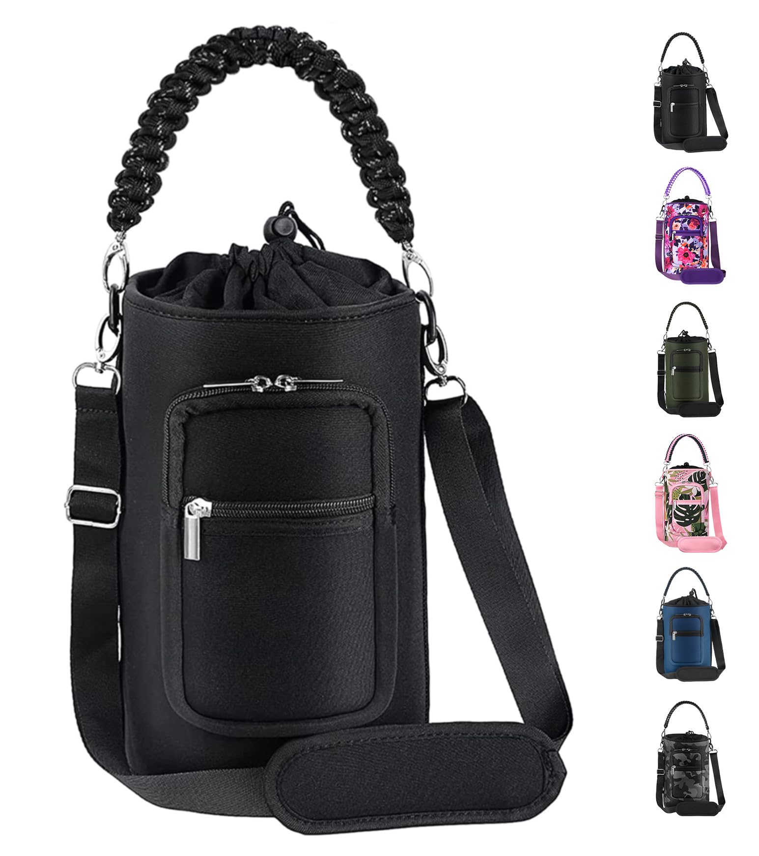 AceTreker 32/40/64/128 oz Neoprene Insulated Water Bottle Carrier Bag, Sling Bag Sleeve Pouch Holder with Strap & Paracord Handle and 2 Pocket for Travelling, Hiking, Camping