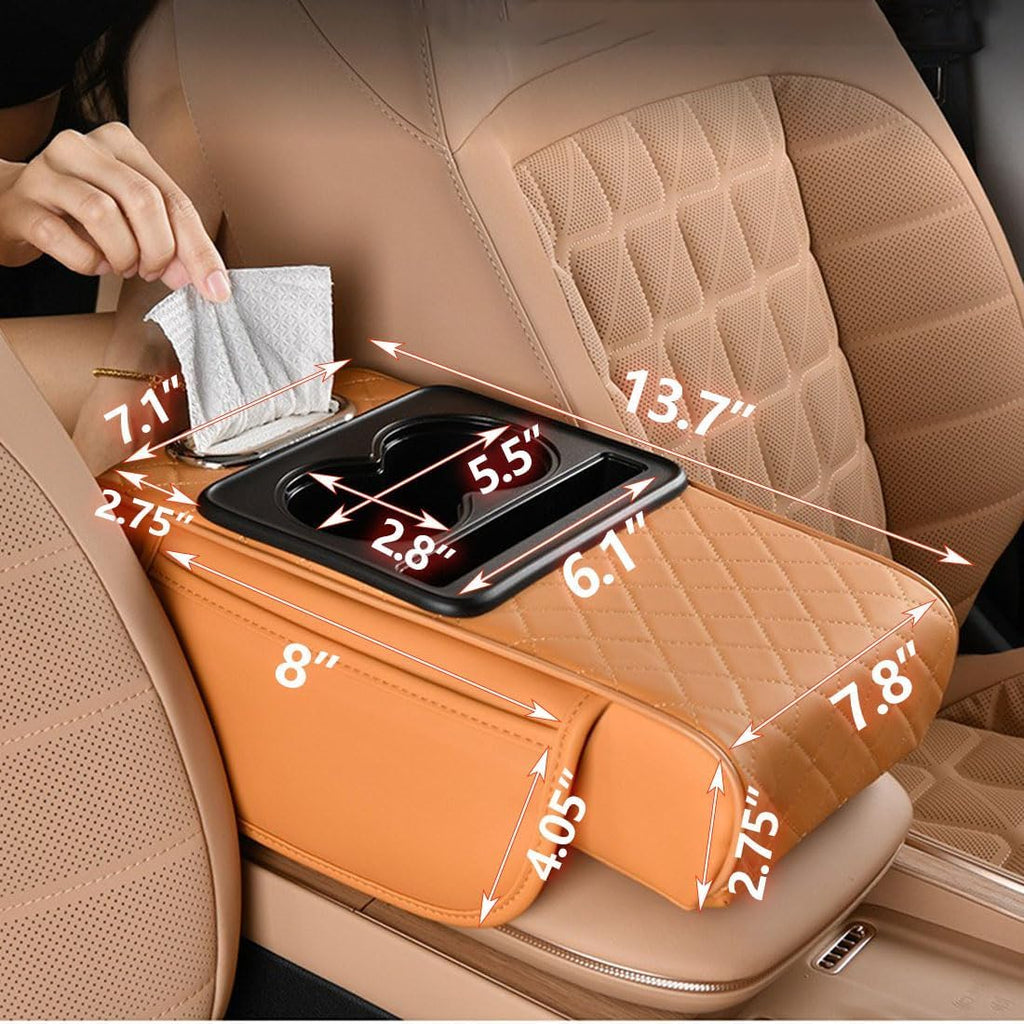 Car Armrest Cushion,5-in-1 Center Console Cover with 2 Storage Bags Cup Holder, Tissue Box Slot, Phone Slot for Sedans, Car Accessories Interior Organizers (Beige)