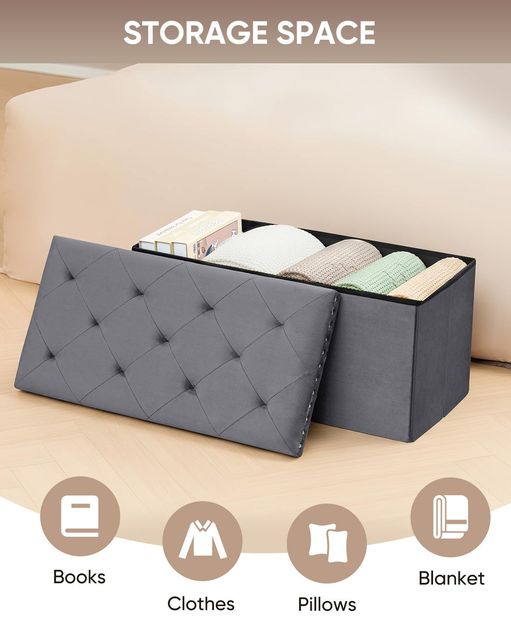 B FSOBEIIALEO Storage-Ottoman Cube-Folding Tufted - Ottomans with Storage, Coffee Table Top Cover, Storage Boxes Footrest Stool for Bedroom, Luxury Velvet Fabric 15.7 Inches Black